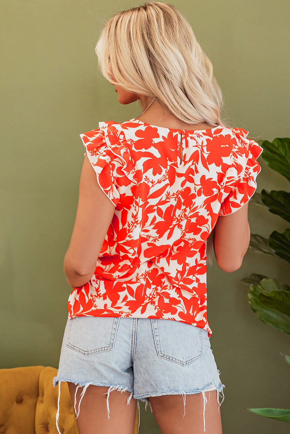 Orange Floral Ruffle Sleeve Print Top-Tops/Blouses & Shirts-[Adult]-[Female]-2022 Online Blue Zone Planet