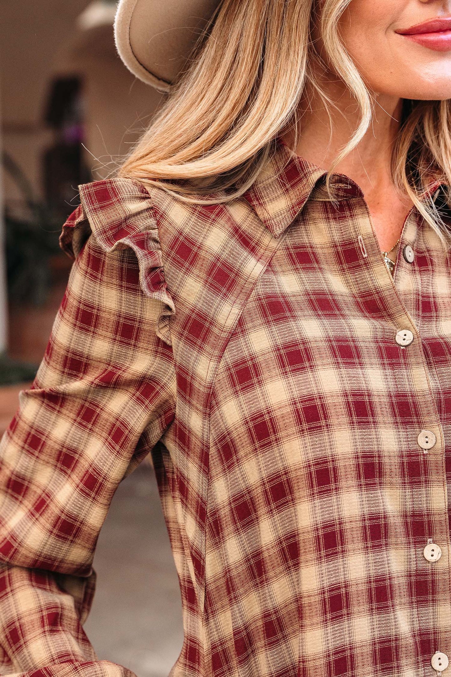 Red Plaid Print Ruffled Long Sleeve Patchwork Hem Mini Shirt Dress-TOPS / DRESSES-[Adult]-[Female]-2022 Online Blue Zone Planet