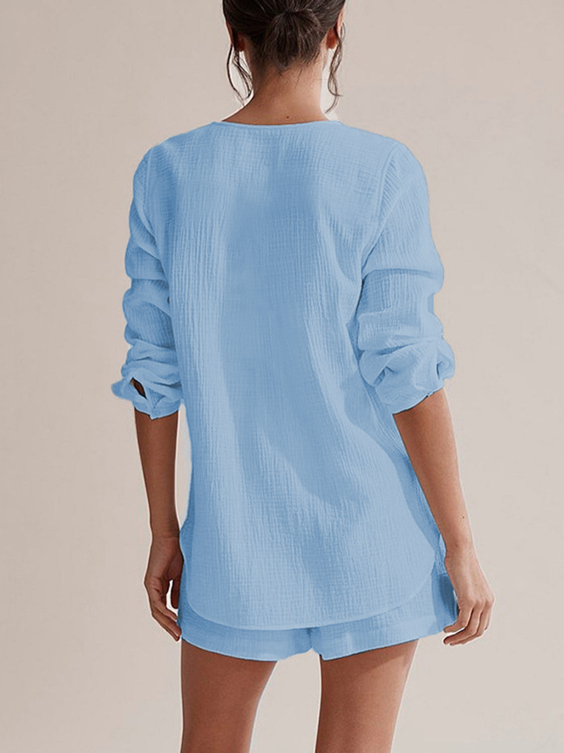 Blue Zone Planet | Notched Long Sleeve Top and Shorts Set-TOPS / DRESSES-[Adult]-[Female]-2022 Online Blue Zone Planet