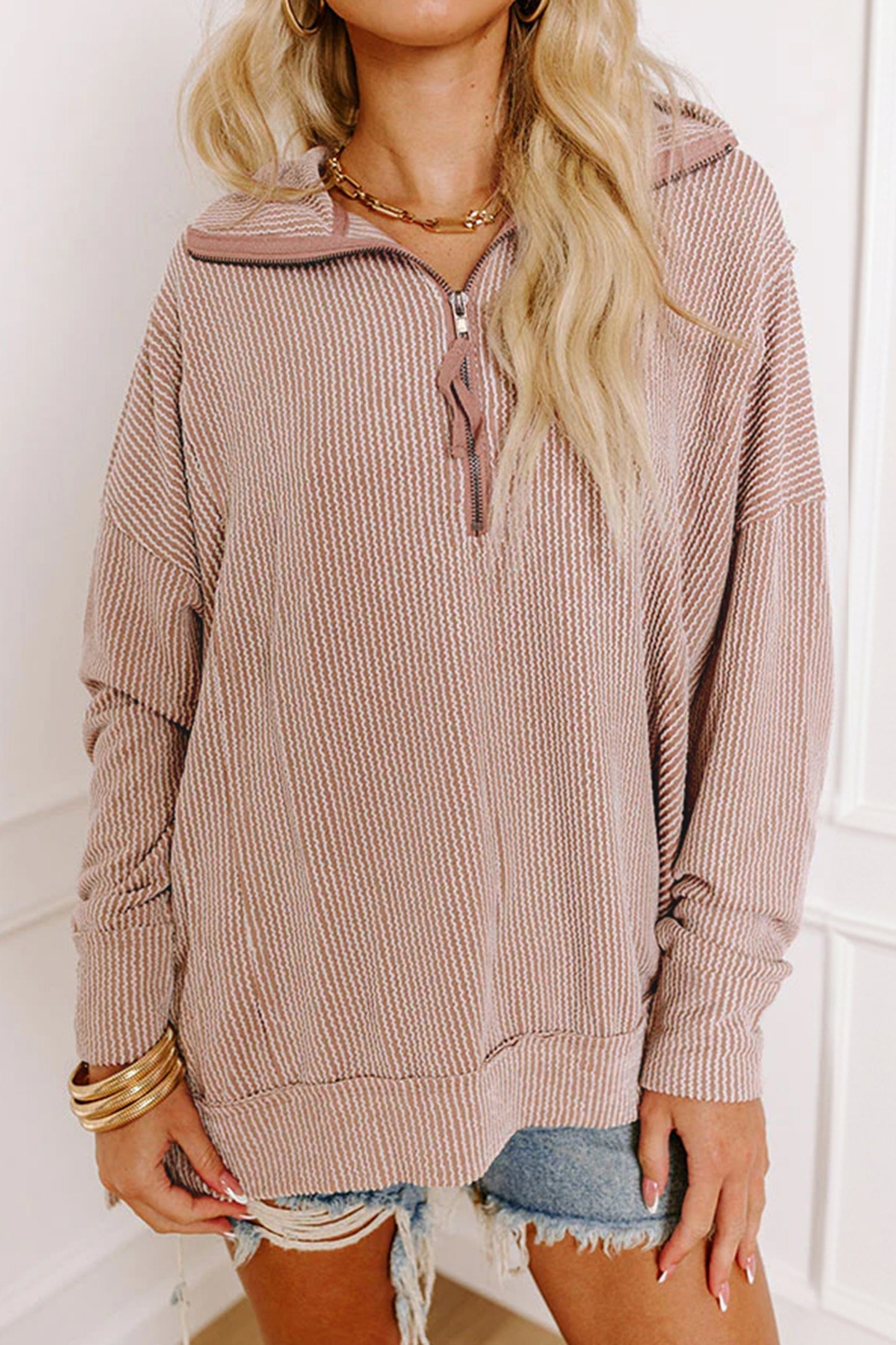 Oatmeal Twist Ribbed Zipper Collar Drop Shoulder Long Sleeve Top-Tops/Long Sleeve Tops-[Adult]-[Female]-Oatmeal-S-2022 Online Blue Zone Planet