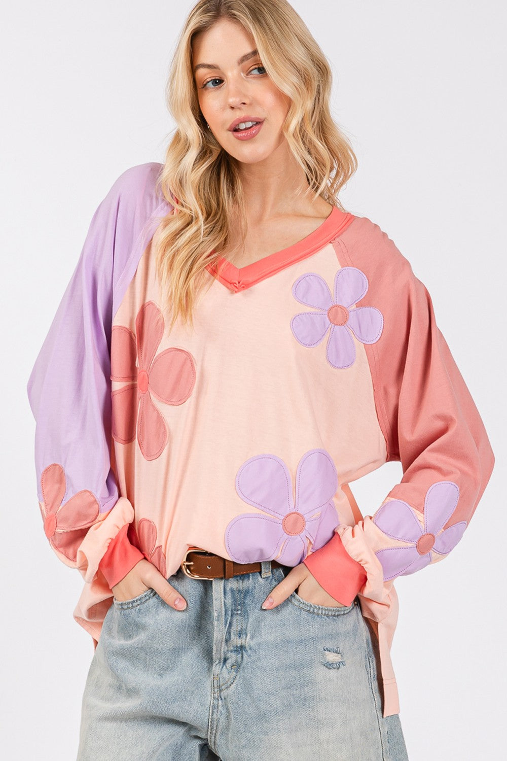 SAGE + FIG Full Size Daisy Applique Patch Color Block Long Sleeve Top-TOPS / DRESSES-[Adult]-[Female]-2022 Online Blue Zone Planet