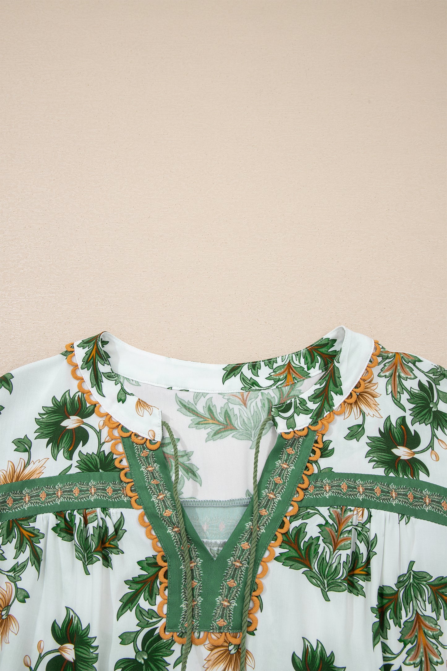 Green Plus Size Floral Printed Contrast Patchwork Detail Tassel Tie 3/4 Sleeve Blouse-Plus Size/Plus Size Tops/Plus Size Blouses & Shirts-[Adult]-[Female]-2022 Online Blue Zone Planet