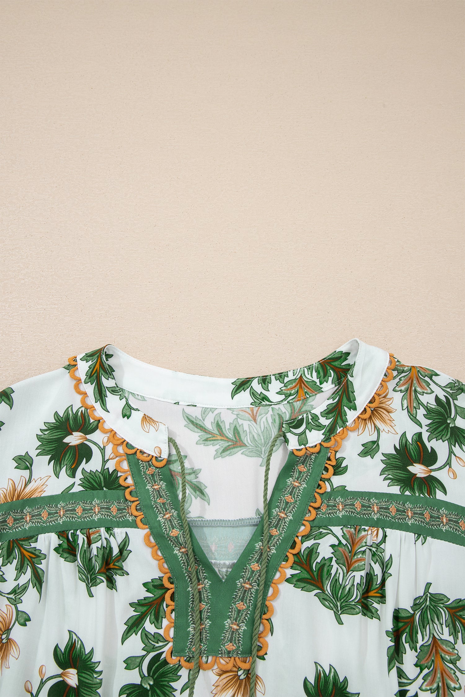 Green Plus Size Floral Printed Contrast Patchwork Detail Tassel Tie 3/4 Sleeve Blouse-Plus Size/Plus Size Tops/Plus Size Blouses & Shirts-[Adult]-[Female]-2022 Online Blue Zone Planet