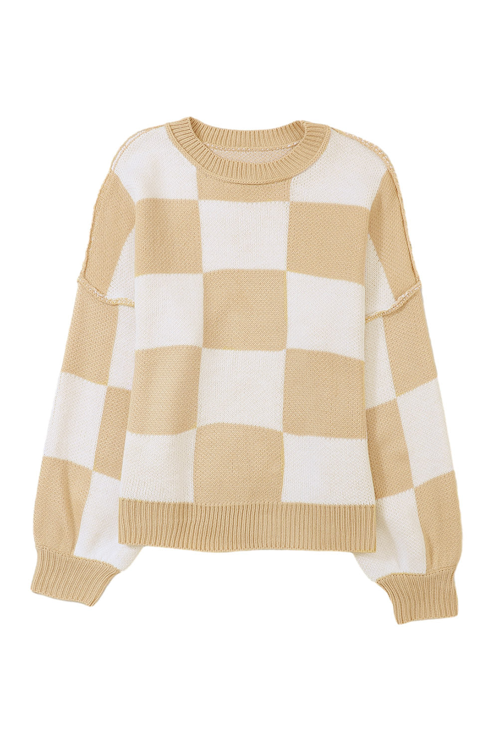 Blue Zone Planet | Pink Checked Bishop Sleeve Pullover Sweater-Sweaters-[Adult]-[Female]-2022 Online Blue Zone Planet