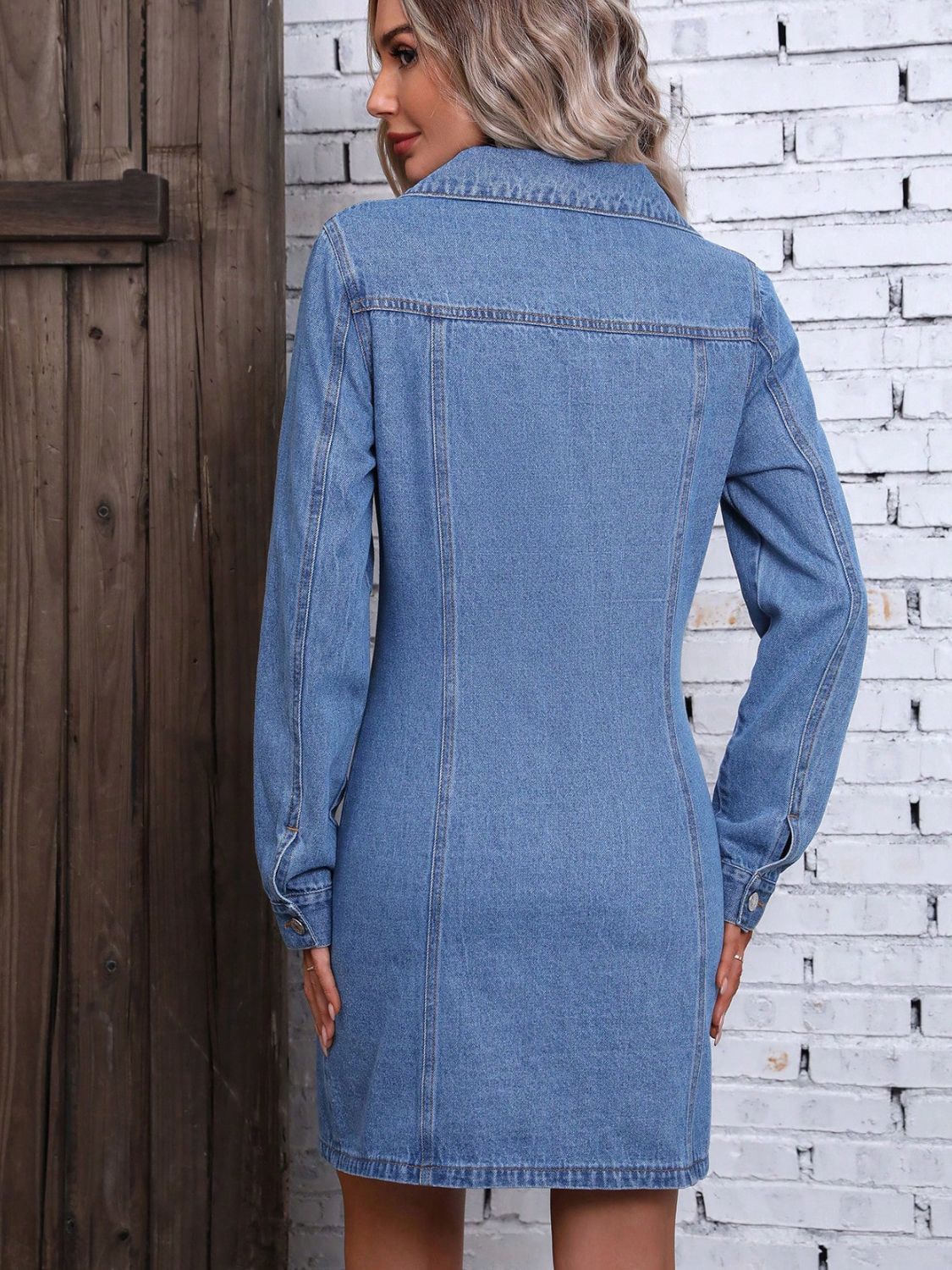 Ruched Button Up Long Sleeve Denim Dress-TOPS / DRESSES-[Adult]-[Female]-2022 Online Blue Zone Planet