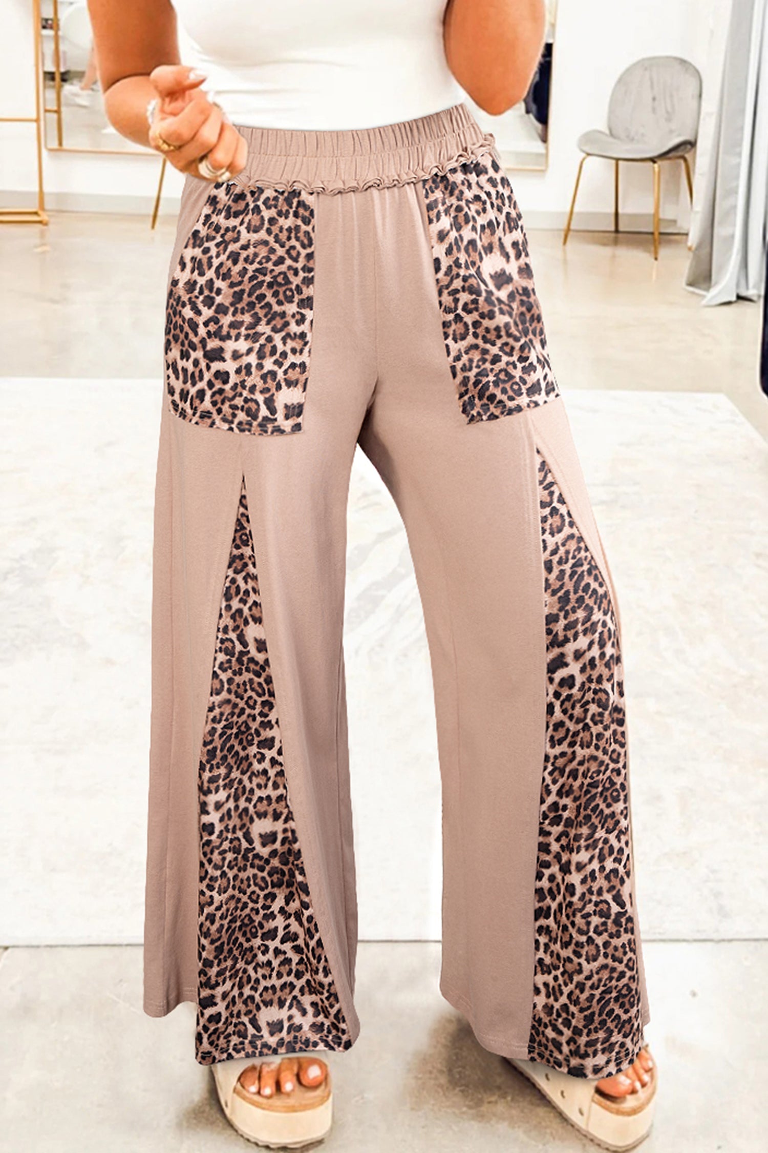 Straw Yellow Mineral Wash Leopard Patchwork Wide Leg Pants-Bottoms/Pants & Culotte-[Adult]-[Female]-Straw Yellow-S-2022 Online Blue Zone Planet