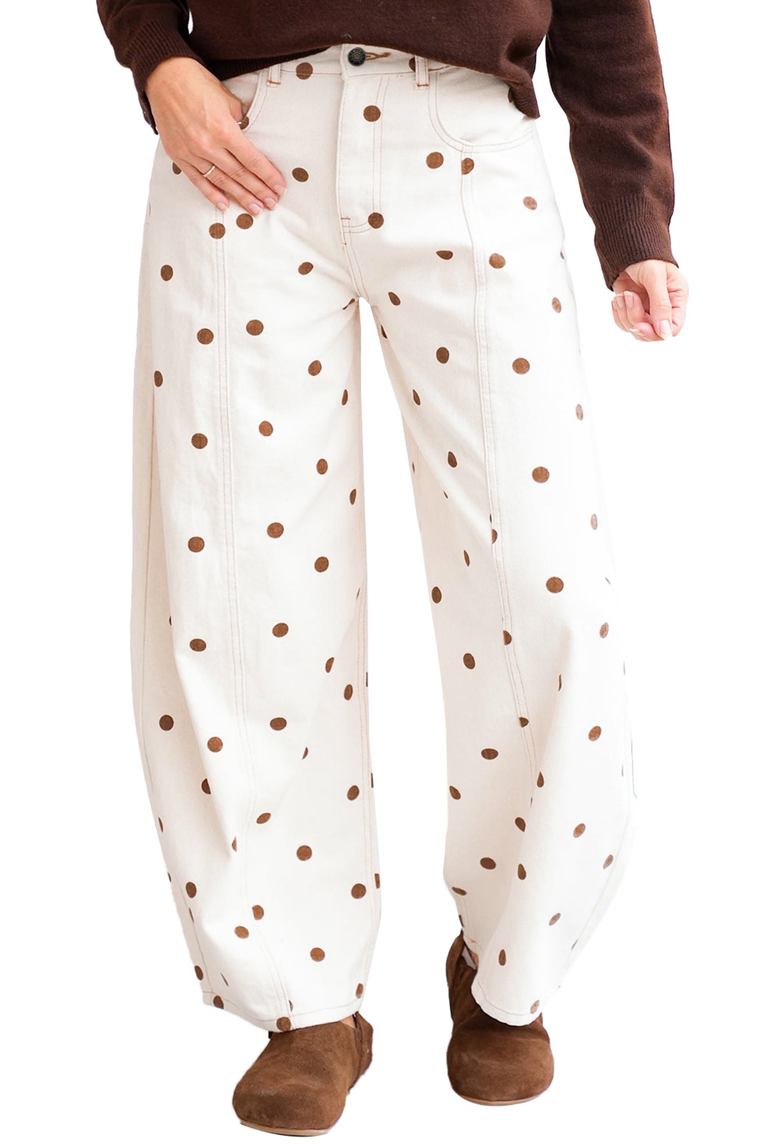Beige Polka Dot Print Plus Size Barrel Jeans-Plus Size/Plus Size Bottoms-[Adult]-[Female]-2022 Online Blue Zone Planet