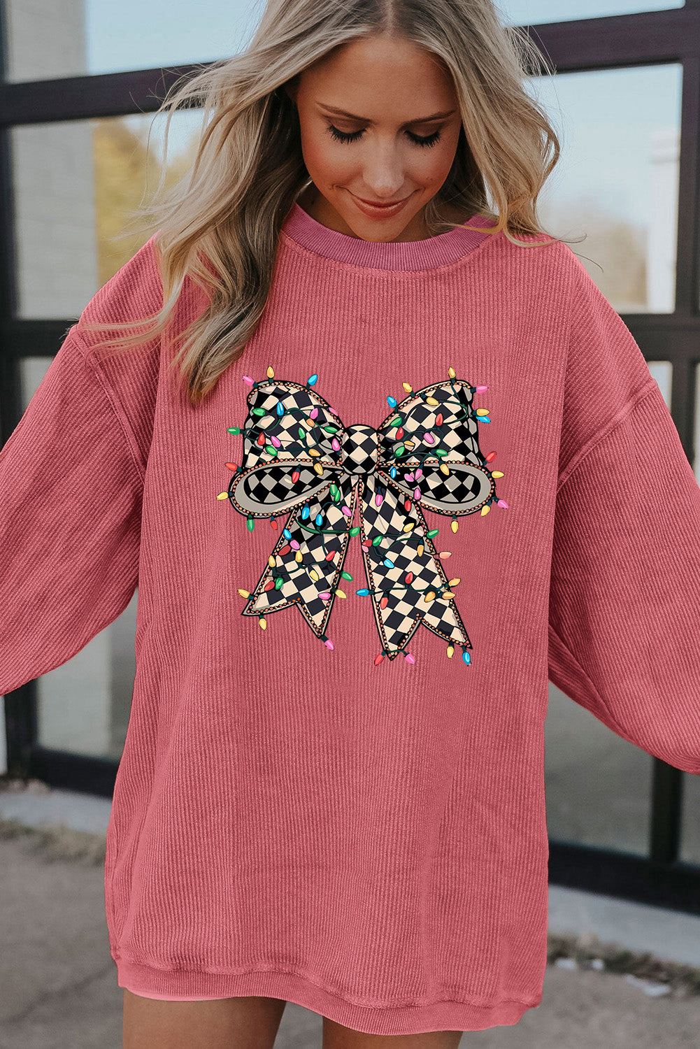 Strawberry Pink Checkered Bow Print Ribbed Crew Neck Pullover Sweatshirt-Graphic Sweatshirts-[Adult]-[Female]-2022 Online Blue Zone Planet