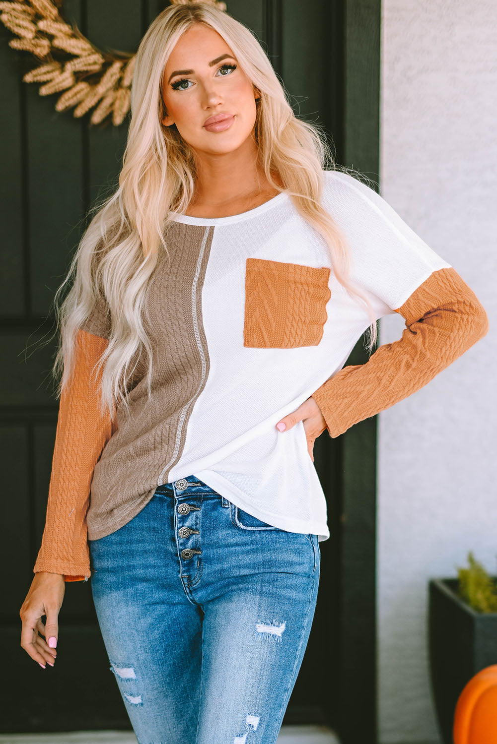Orange Long Sleeve Colorblock Chest Pocket Textured Knit Top-Sale (50% OFF)/30% OFF-[Adult]-[Female]-2022 Online Blue Zone Planet