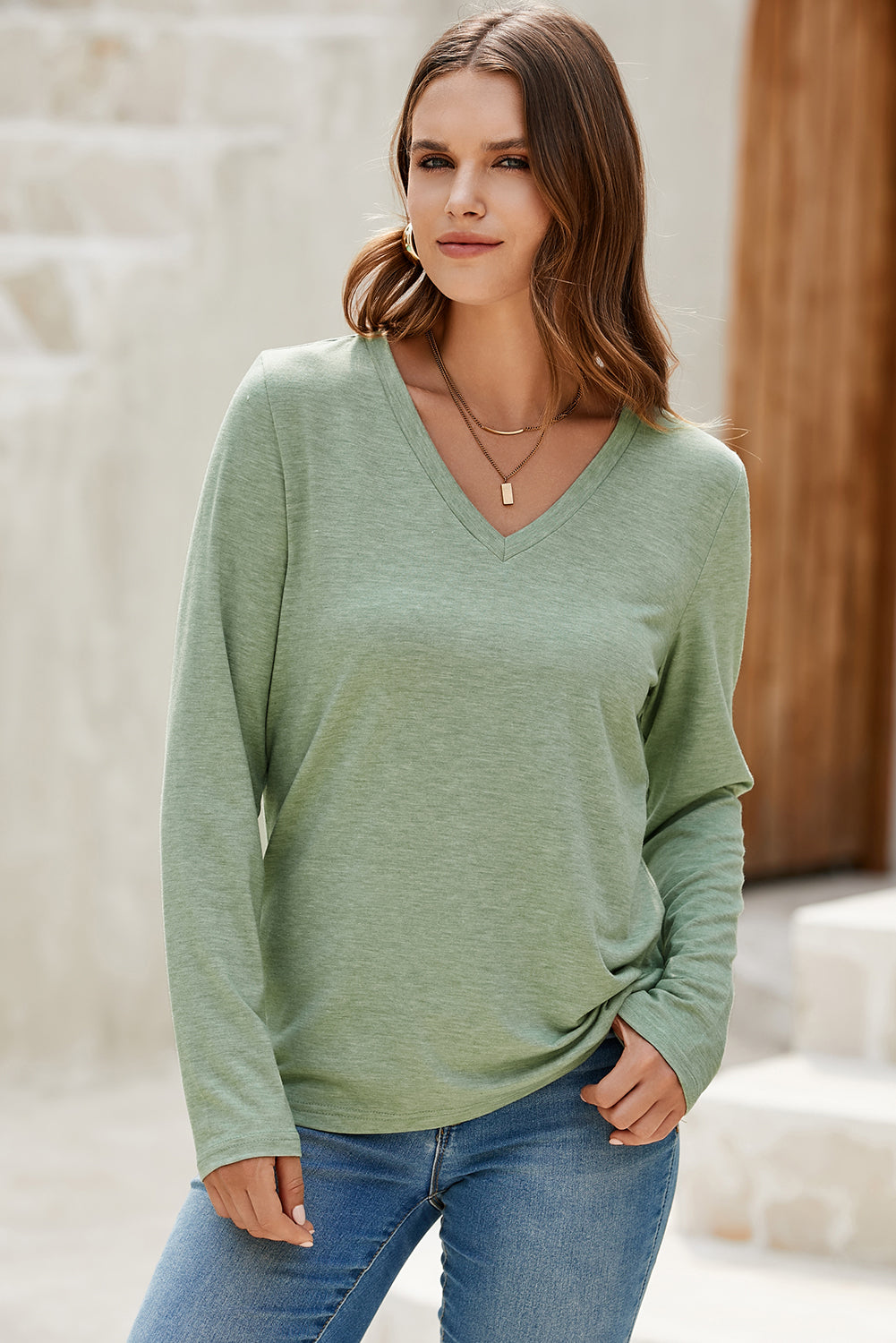 Grass Green Solid Color V Neck Long Sleeve Stretchy Top-Tops/Long Sleeve Tops-[Adult]-[Female]-2022 Online Blue Zone Planet