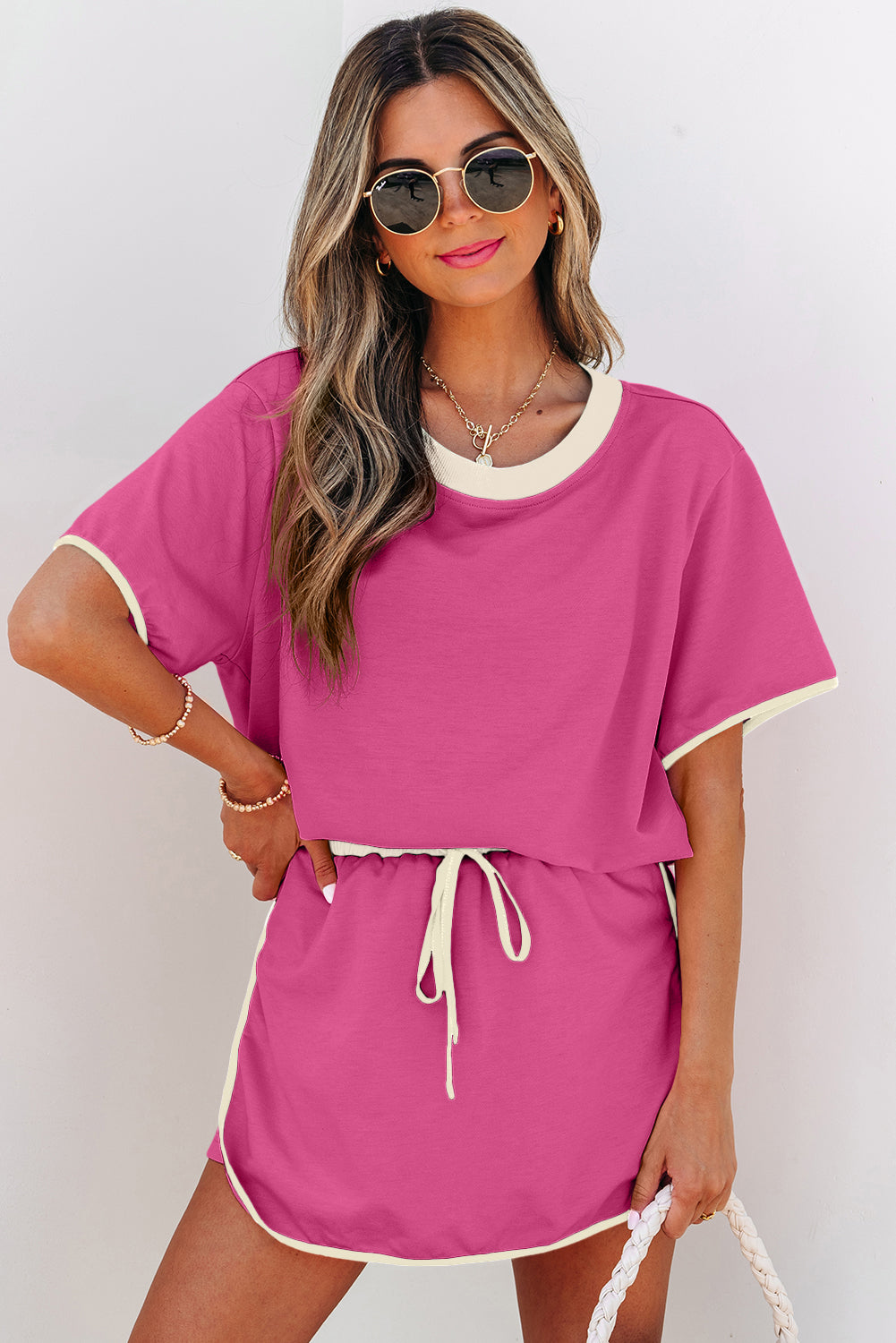 Black Colorblock Edge Drop Shoulder T Shirt and Skort 2Pcs Set-Two Piece Sets/Two Piece Dresses-[Adult]-[Female]-2022 Online Blue Zone Planet