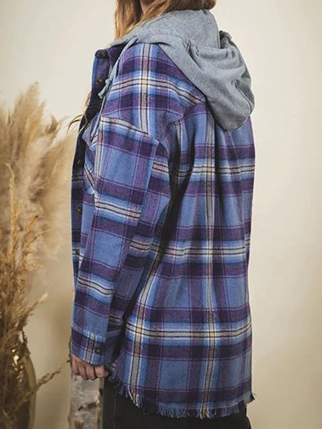 Blue Zone Planet | Raw Hem Plaid Long Sleeve Hooded Jacket-TOPS / DRESSES-[Adult]-[Female]-2022 Online Blue Zone Planet