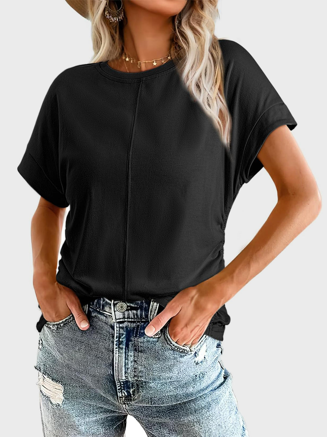 Ruched Round Neck Short Sleeve T-Shirt-TOPS / DRESSES-[Adult]-[Female]-Black-S-2022 Online Blue Zone Planet