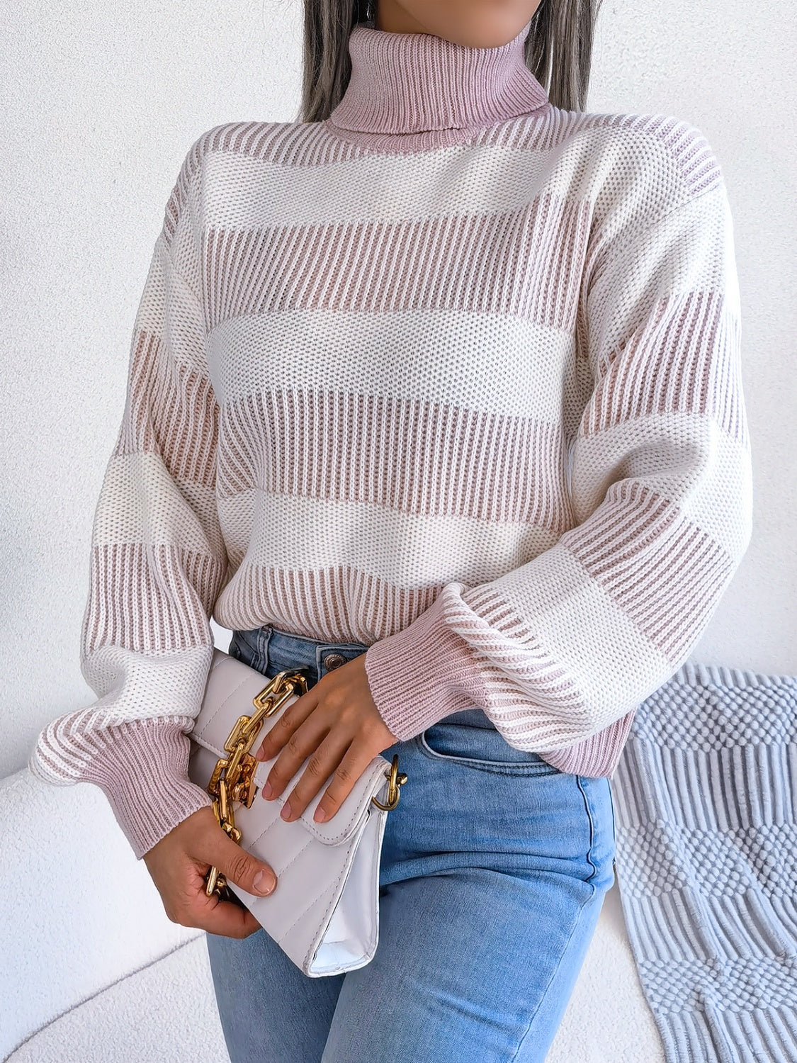 Striped Turtleneck Long Sleeve Sweater-TOPS / DRESSES-[Adult]-[Female]-2022 Online Blue Zone Planet