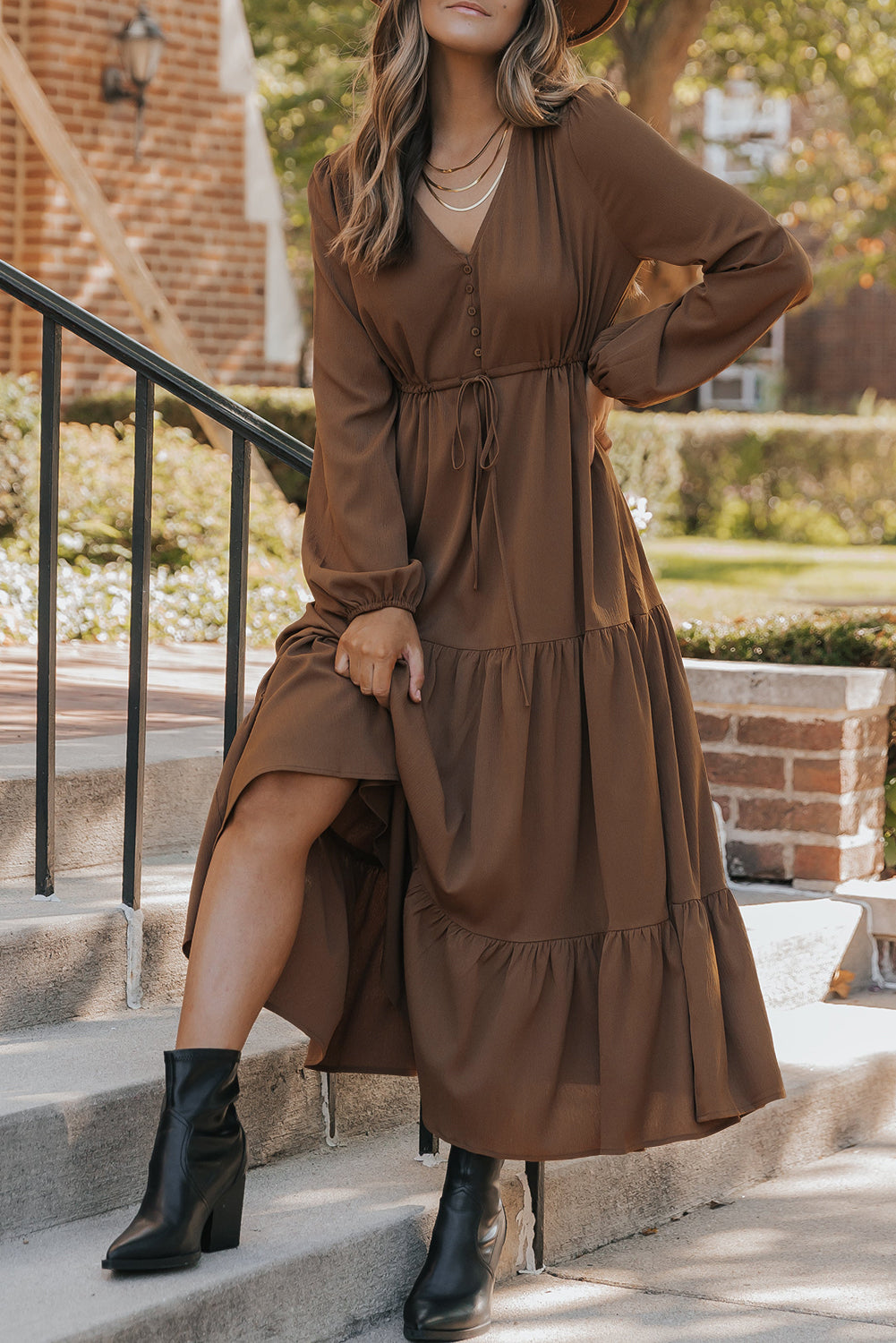 Chestnut Solid Long Sleeve Button V Neck Tiered Maxi Dress-Dresses/Maxi Dresses-[Adult]-[Female]-Chestnut-S-2022 Online Blue Zone Planet
