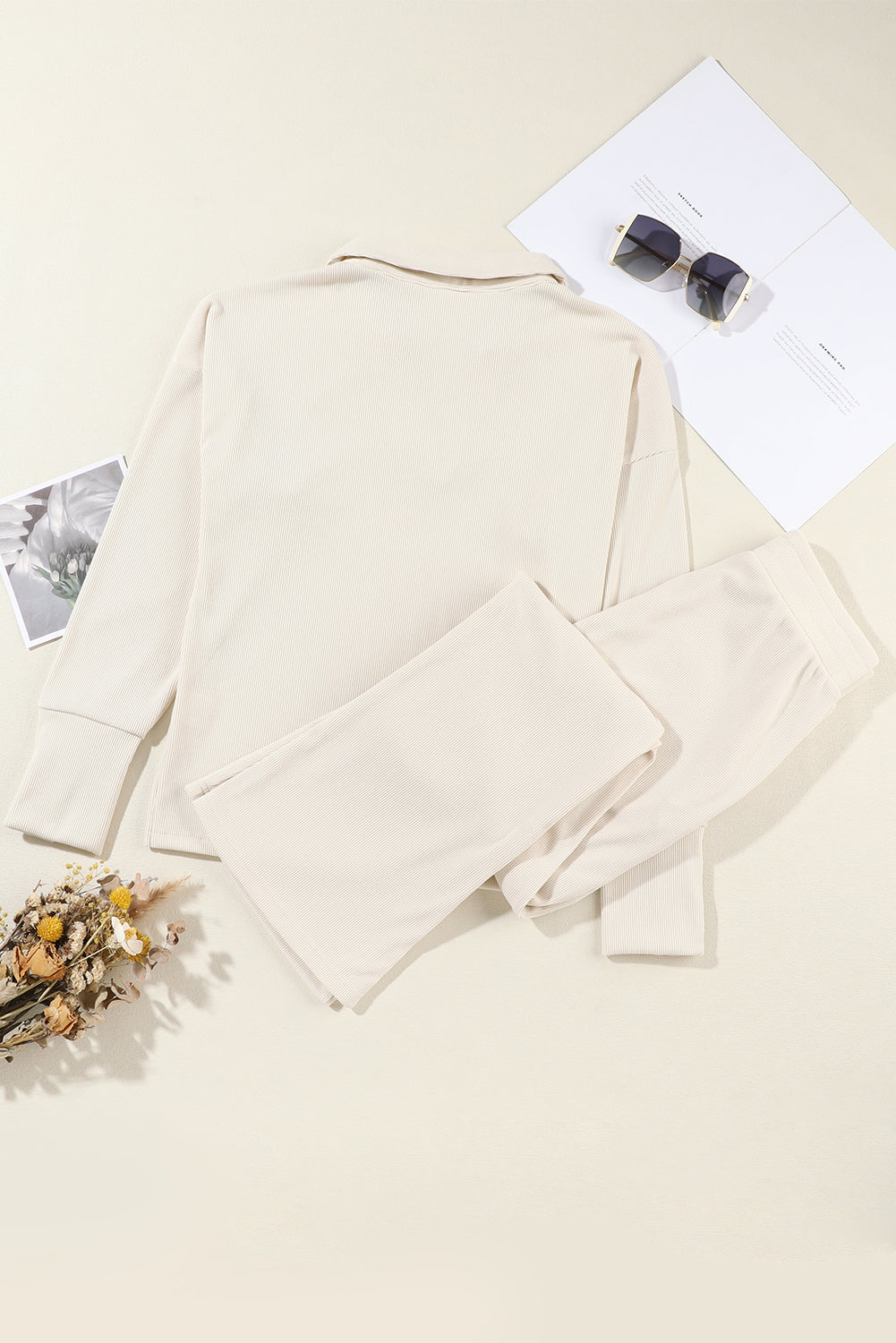 Beige Collared Split Neck Ribbed 2pcs Athleisure Outfit-Two Piece Sets/Pant Sets-[Adult]-[Female]-2022 Online Blue Zone Planet