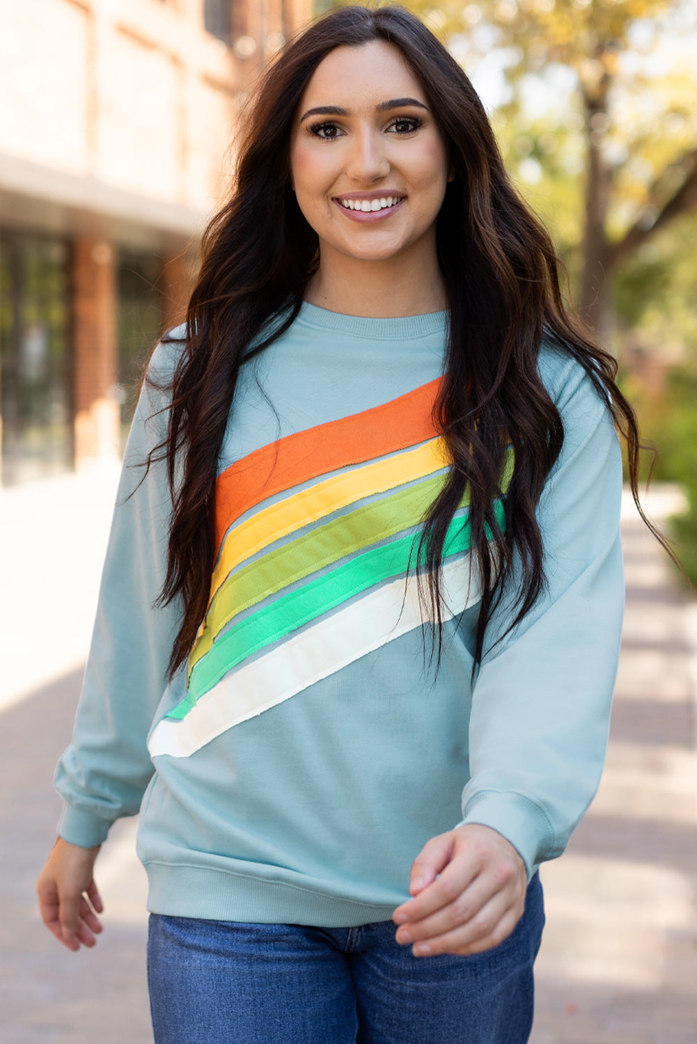 Black Rainbow Colorblock Striped Pullover Sweatshirt-Tops/Sweatshirts & Hoodies-[Adult]-[Female]-Beau Blue-S-2022 Online Blue Zone Planet