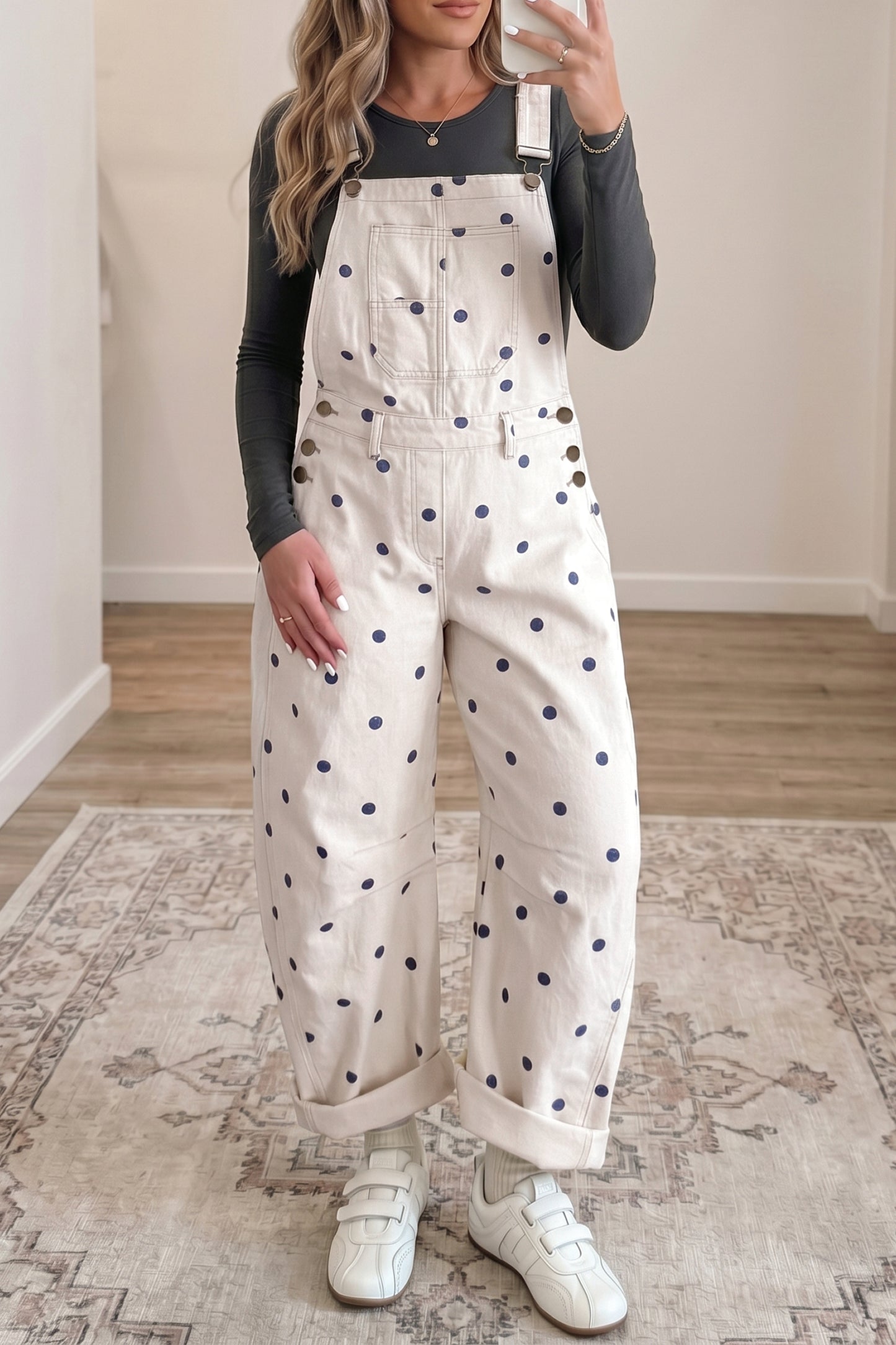 Jet Stream Polka Dot Print Bib Pocket Denim Barrel Overalls Jumpsuit-Bottoms/Jumpsuits & Rompers-[Adult]-[Female]-2022 Online Blue Zone Planet