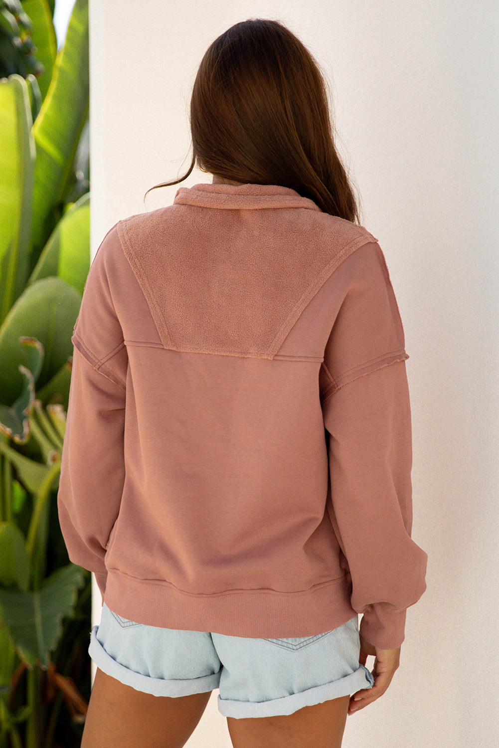 Camel Exposed Seam Side Pockets Half Zipper Baggy Sweatshirt-Tops/Sweatshirts & Hoodies-[Adult]-[Female]-2022 Online Blue Zone Planet