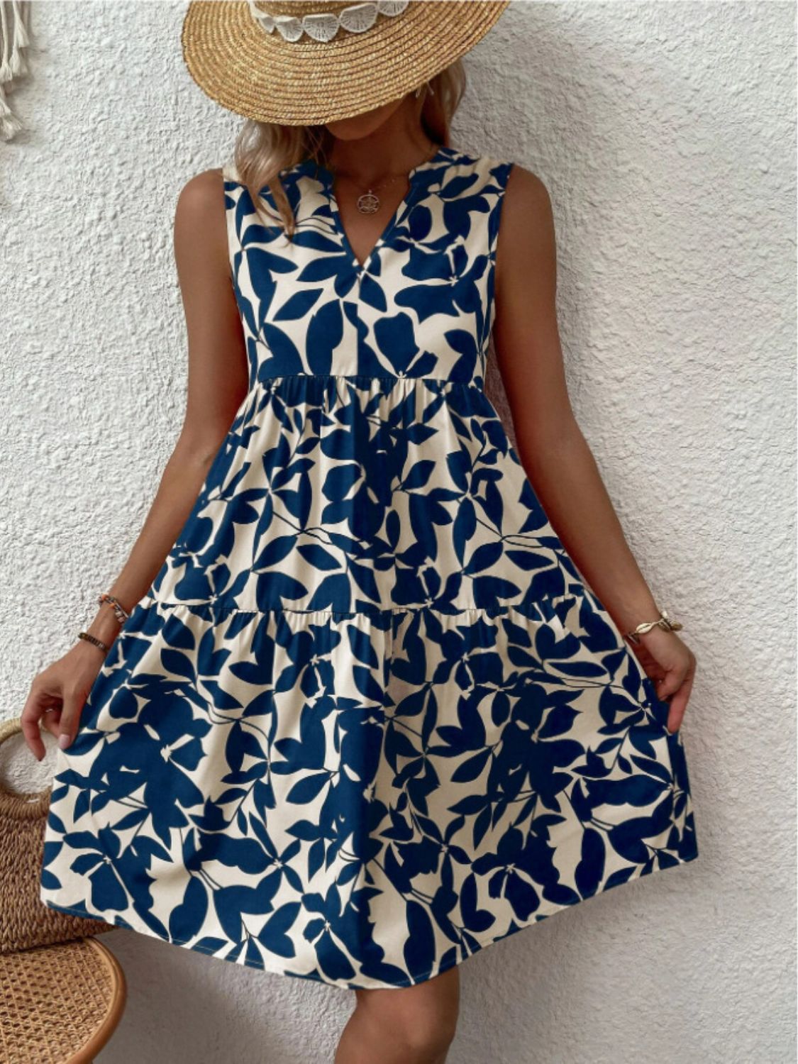 Printed Notched Sleeveless Mini Dress-TOPS / DRESSES-[Adult]-[Female]-2022 Online Blue Zone Planet