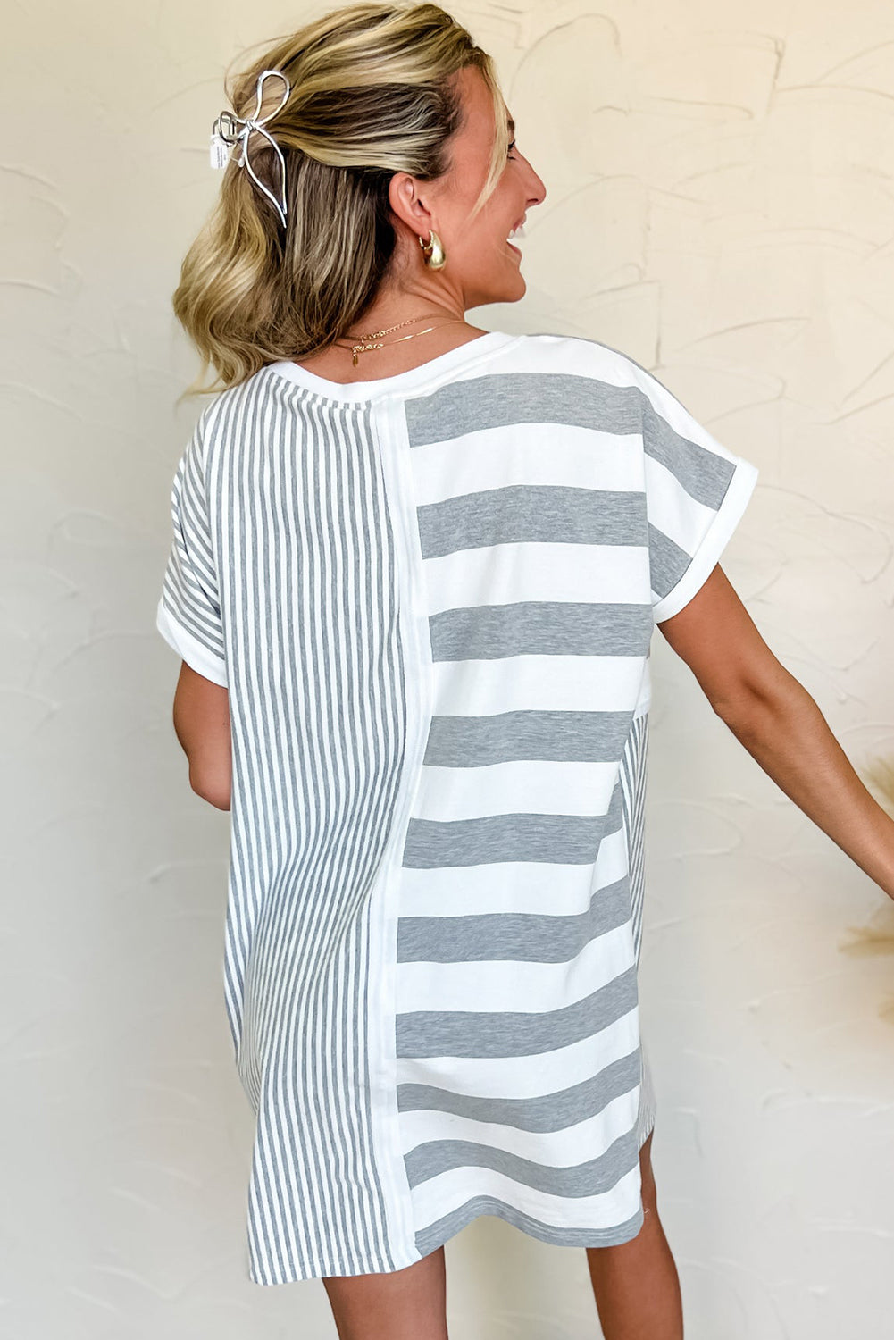 Gray Stripe Mixed Printed Short Sleeve Shift Mini T Shirt Dress-Dresses/T Shirt Dresses-[Adult]-[Female]-2022 Online Blue Zone Planet