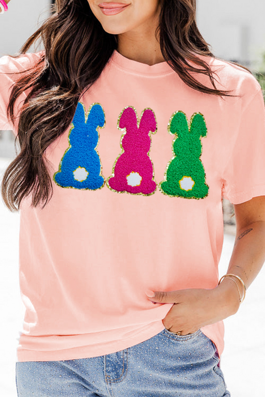 Pink Easter Bunny Chenille Patched Graphic Tee-Graphic/Graphic Tees-[Adult]-[Female]-Pink-S-2022 Online Blue Zone Planet