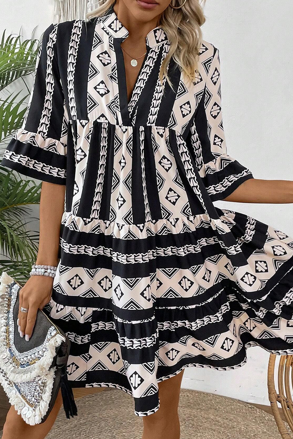 Black Geometric Print V Neck Ruffled Dress-Dresses/Mini Dresses-[Adult]-[Female]-2022 Online Blue Zone Planet