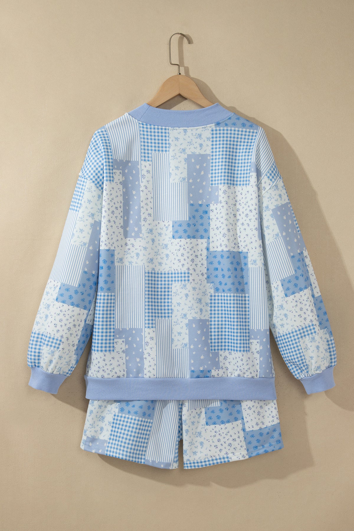Sky Blue Patchwork Floral Print Drop Shoulder Baggy Pullover Drawstring Shorts Set-Two Piece Sets/Short Sets-[Adult]-[Female]-2022 Online Blue Zone Planet