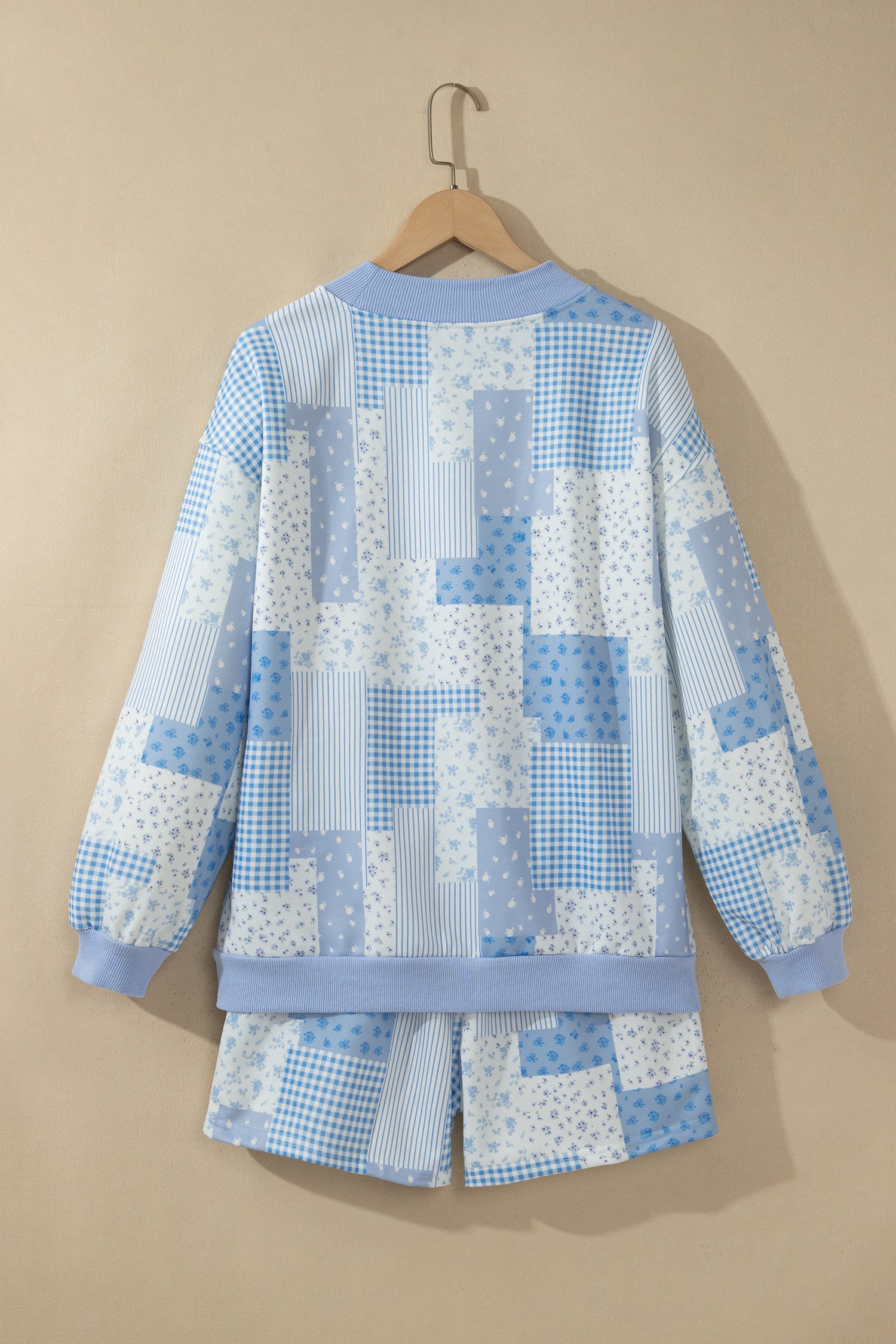 Sky Blue Patchwork Floral Print Drop Shoulder Baggy Pullover Drawstring Shorts Set-Two Piece Sets/Short Sets-[Adult]-[Female]-2022 Online Blue Zone Planet