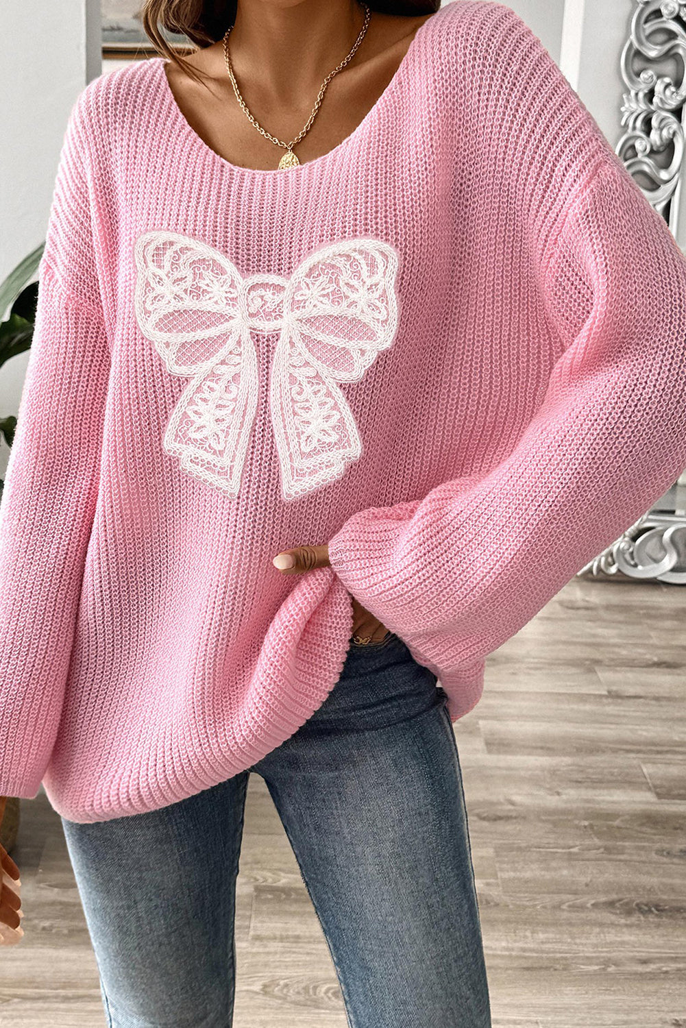 Pink Sweet Lace Bow Round Neck Knit Sweater-Sweaters-[Adult]-[Female]-2022 Online Blue Zone Planet