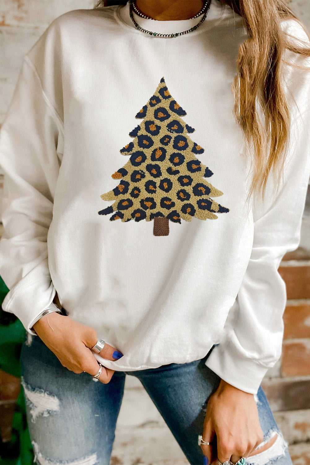 White Plush Leopard Tree Patched Drop Shoulder Sweatshirt-Graphic/Graphic Sweatshirts-[Adult]-[Female]-2022 Online Blue Zone Planet