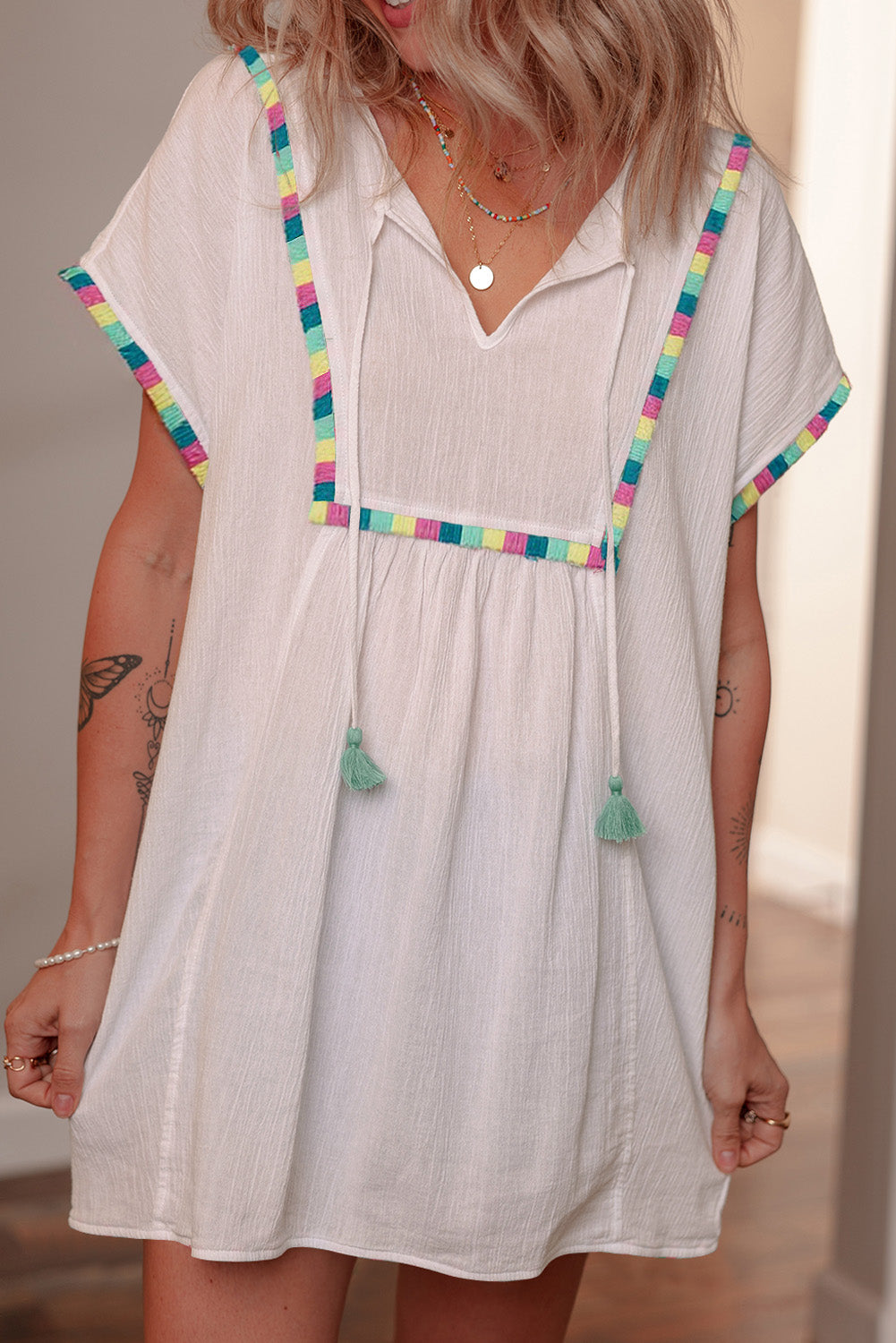 White Colorful Fringed Detail Tassel Tie Neck Short Sleeve Blouse-Tops/Blouses & Shirts-[Adult]-[Female]-2022 Online Blue Zone Planet