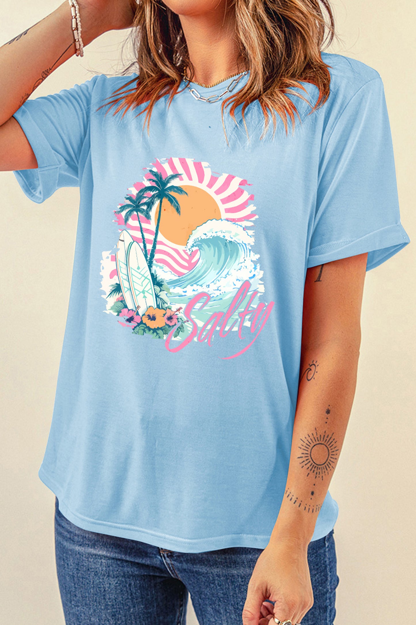 Light Blue Salty Beach Resort Vacation Surf Graphic Tee-Graphic/Graphic Tees-[Adult]-[Female]-2022 Online Blue Zone Planet