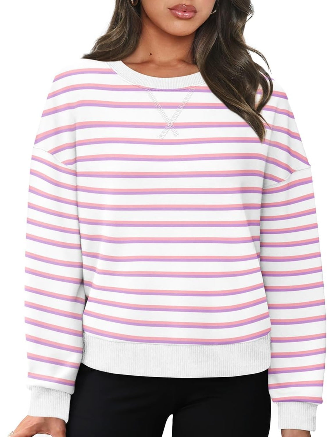 Lovelet Striped Round Neck Long Sleeve Sweatshirt-TOPS / DRESSES-[Adult]-[Female]-2022 Online Blue Zone Planet