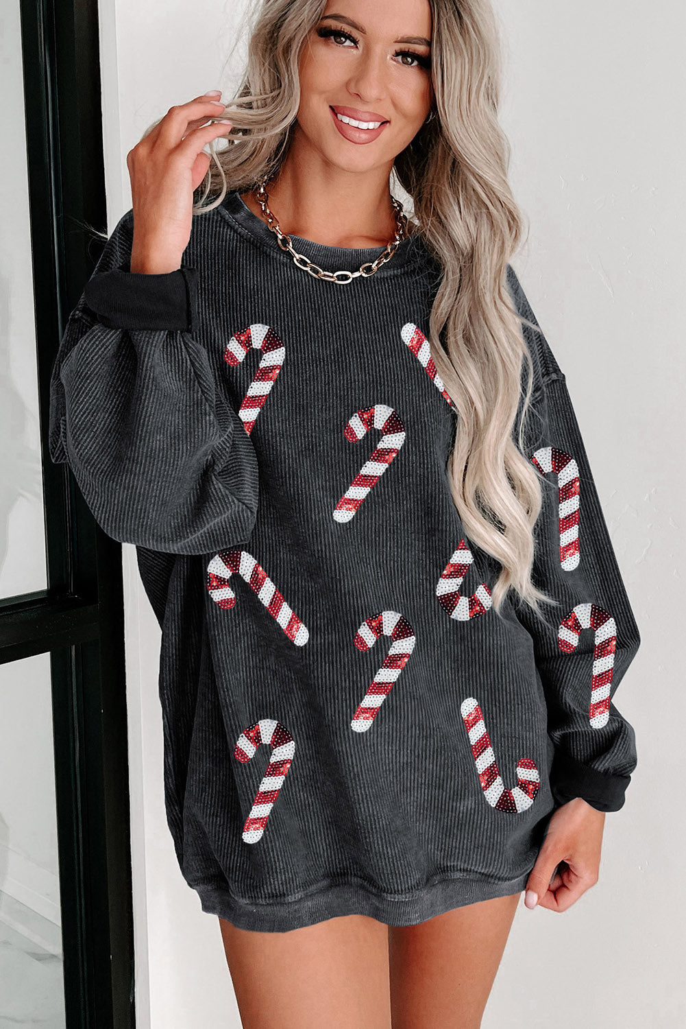 Black Xmas Candy Cane Sequin Graphic Corded Sweatshirt-Graphic/Graphic Sweatshirts-[Adult]-[Female]-2022 Online Blue Zone Planet