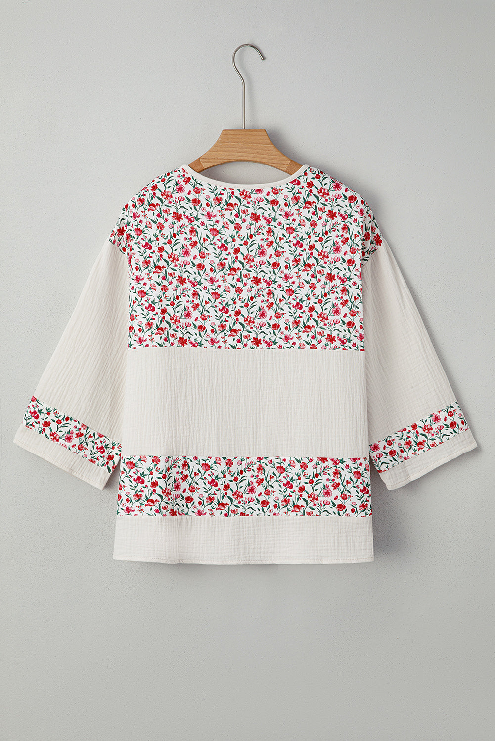 Red Floral Print Gauze Patchwork Henley Button 3/4 Sleeve Blouse-Tops/Blouses & Shirts-[Adult]-[Female]-2022 Online Blue Zone Planet
