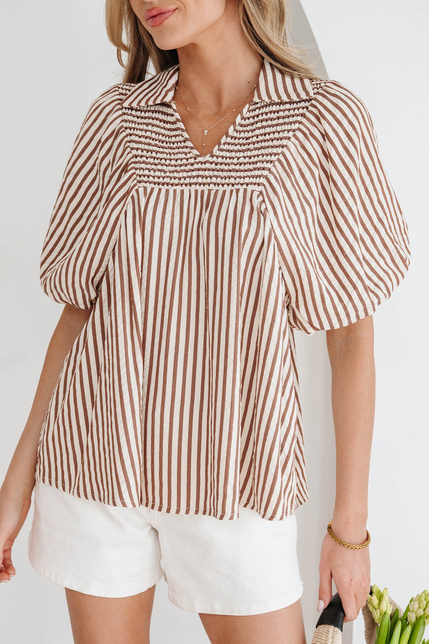 Brown Stripe Shirred V Neck Short Puff Sleeve Blouse-Tops/Blouses & Shirts-[Adult]-[Female]-2022 Online Blue Zone Planet