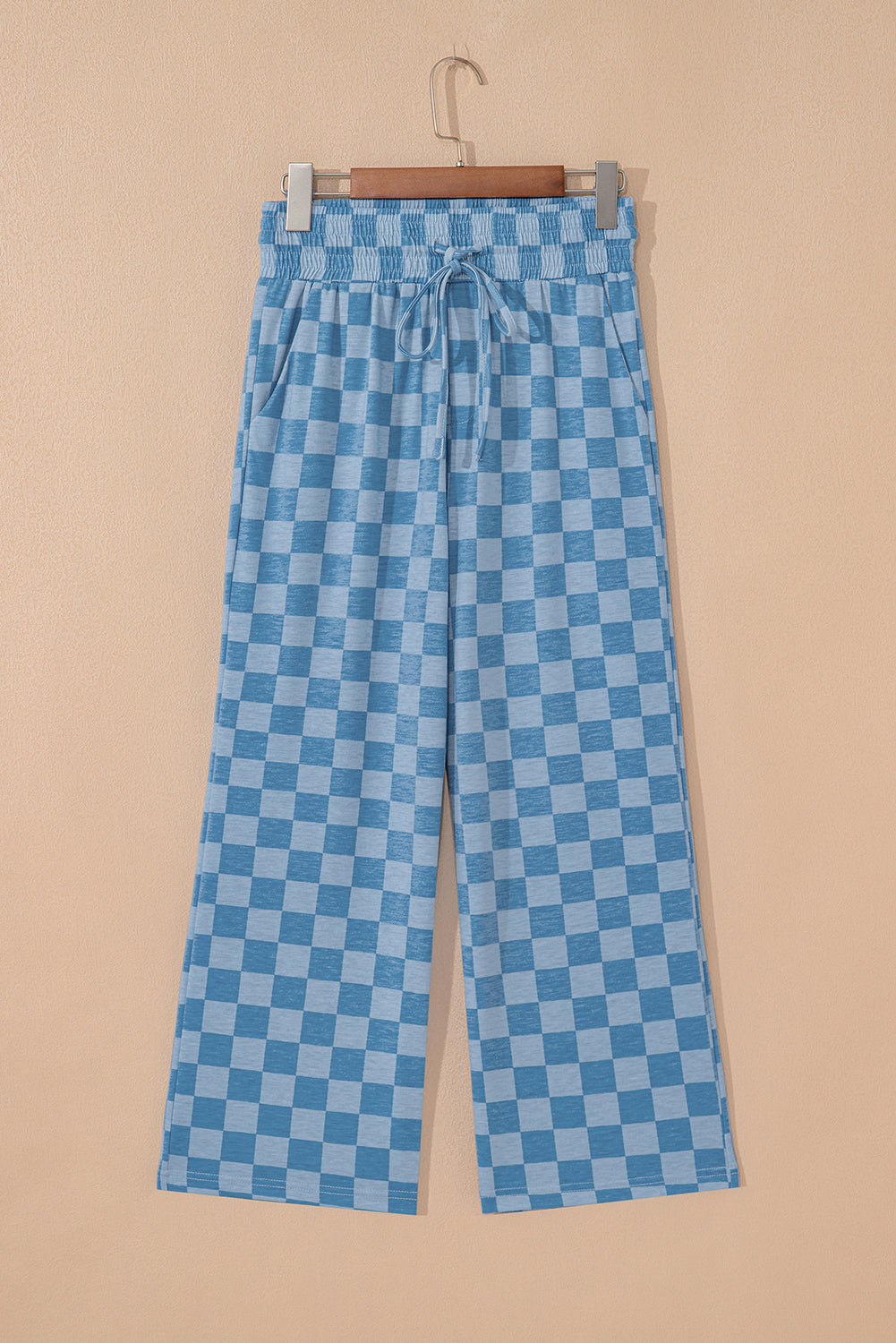 Sky Blue Checkered Elastic High Waist Loose Casual Pants-Bottoms/Pants & Culotte-[Adult]-[Female]-2022 Online Blue Zone Planet
