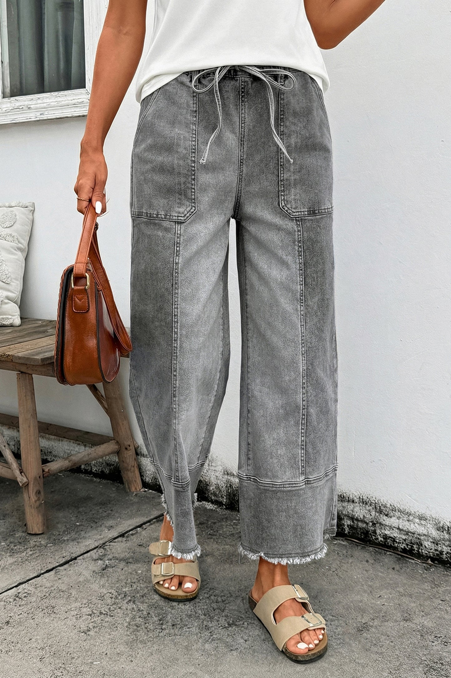 Gray Drawstring Seam Detail Raw Hem Wide Leg Denim Pants-Bottoms/Jeans-[Adult]-[Female]-2022 Online Blue Zone Planet