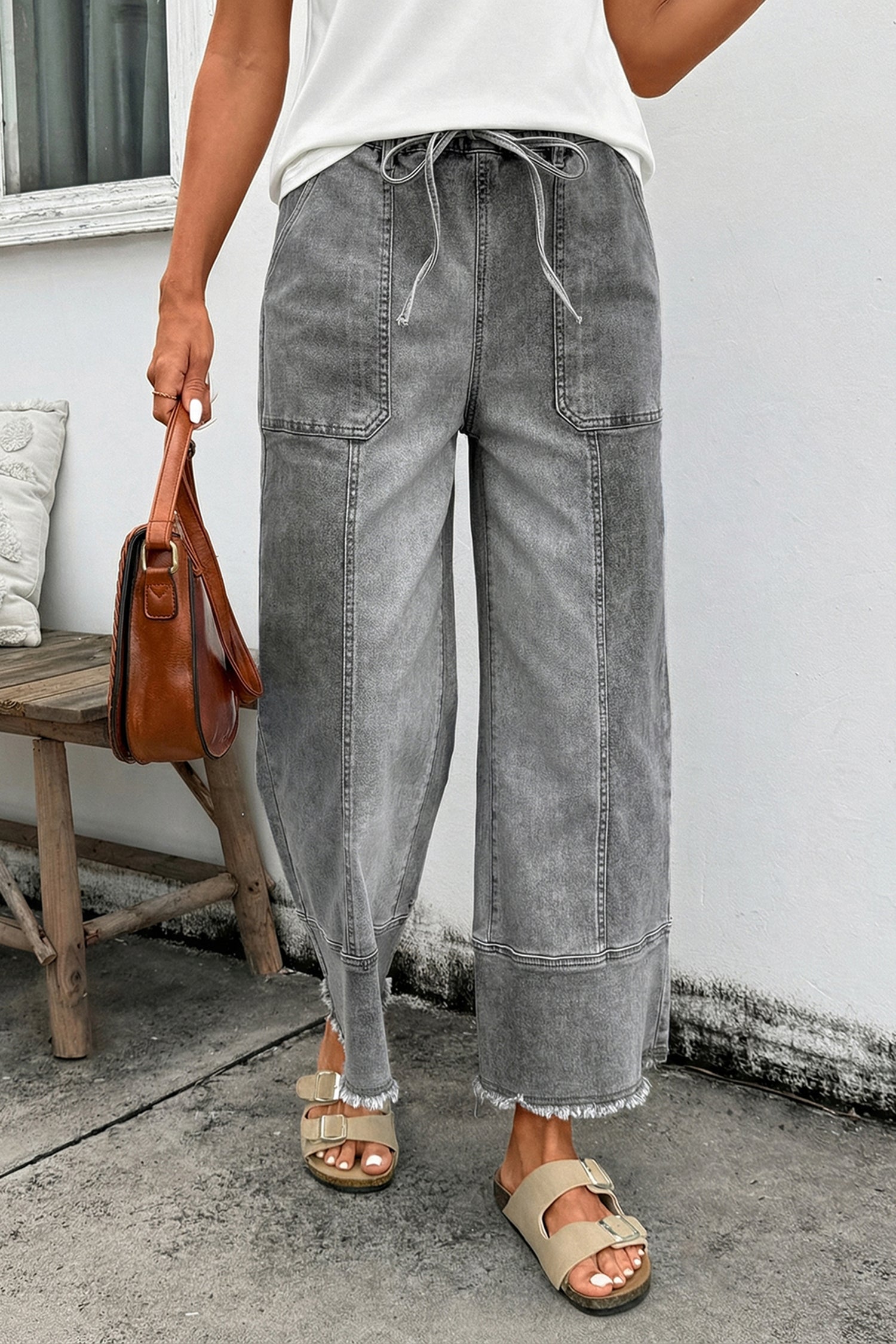 Gray Drawstring Seam Detail Raw Hem Wide Leg Denim Pants-Bottoms/Jeans-[Adult]-[Female]-2022 Online Blue Zone Planet