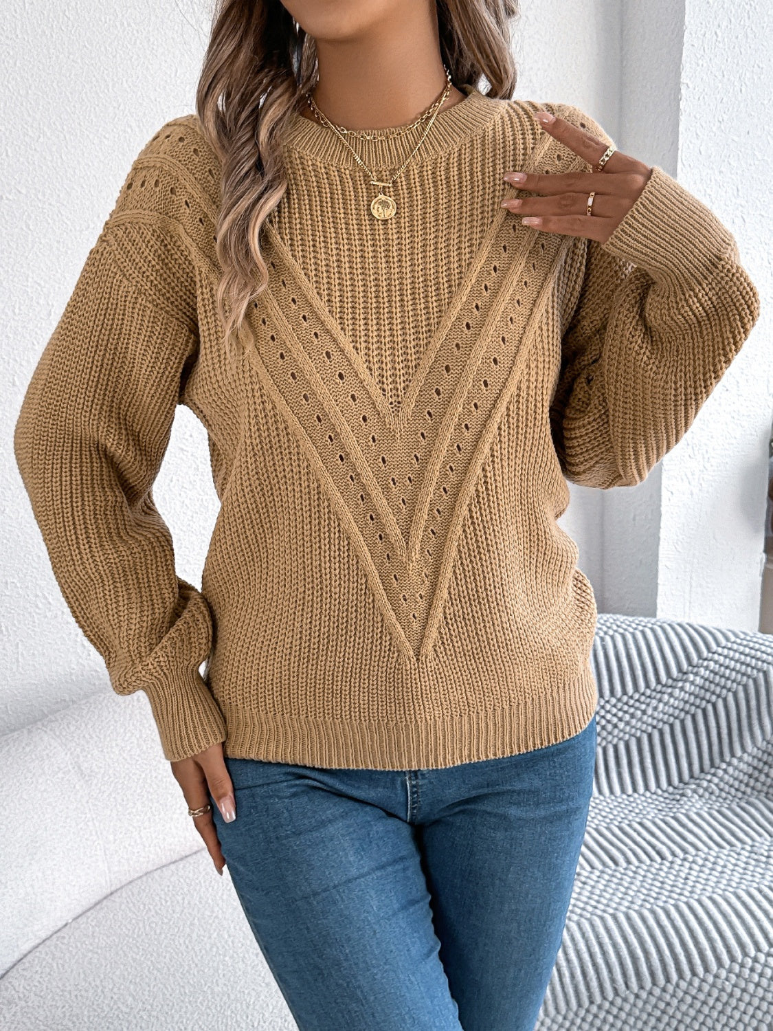 Blue Zone Planet | Openwork Round Neck Long Sleeve Sweater-TOPS / DRESSES-[Adult]-[Female]-Camel-S-2022 Online Blue Zone Planet