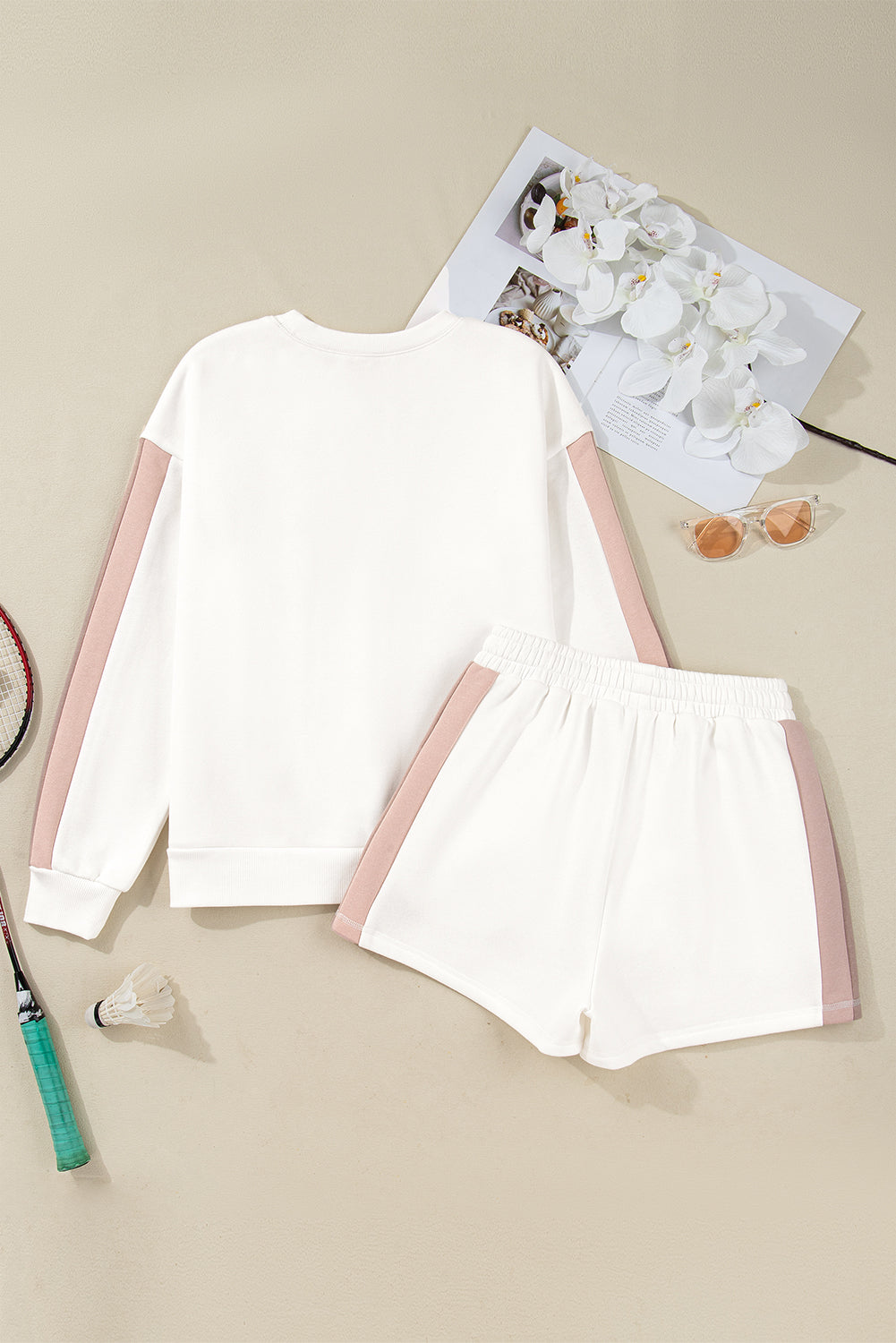 White Color Block Patchwork Drop Shoulder Pullover Casual Shorts 2pcs Outfit-Two Piece Sets/Short Sets-[Adult]-[Female]-2022 Online Blue Zone Planet