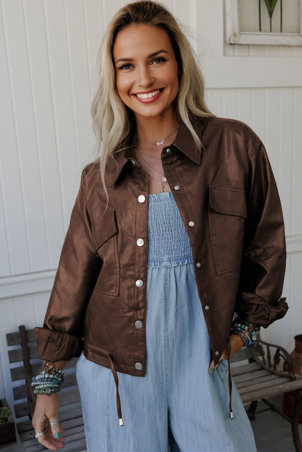 Chicory Coffee Double Flap Pocket Drawstring Hem Leather Jacket-Outerwear/Jackets-[Adult]-[Female]-2022 Online Blue Zone Planet