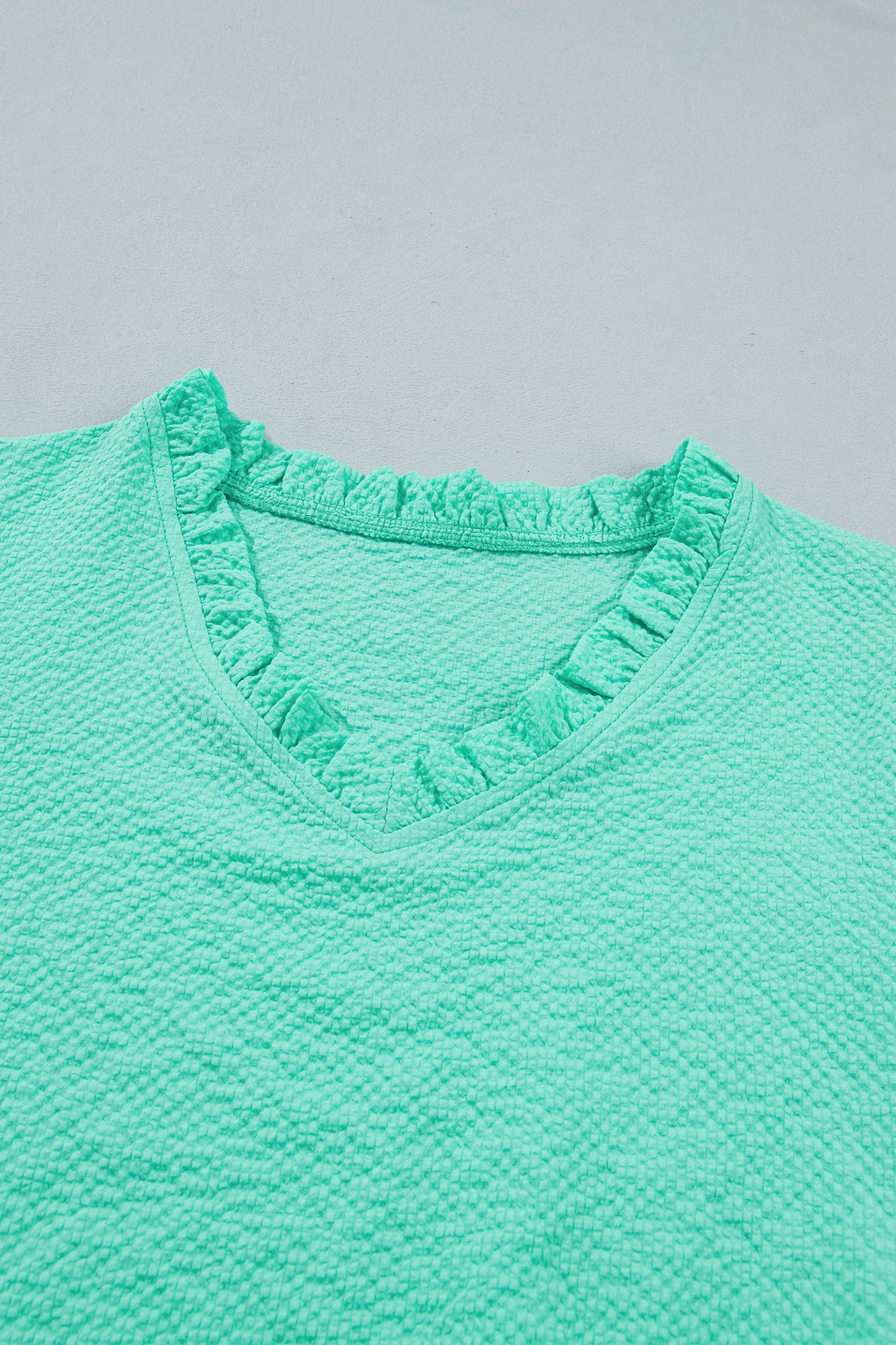 Mint Green Frilled V Neck Flower Embroidered Puff Sleeve Textured Blouse-Tops/Blouses & Shirts-[Adult]-[Female]-2022 Online Blue Zone Planet
