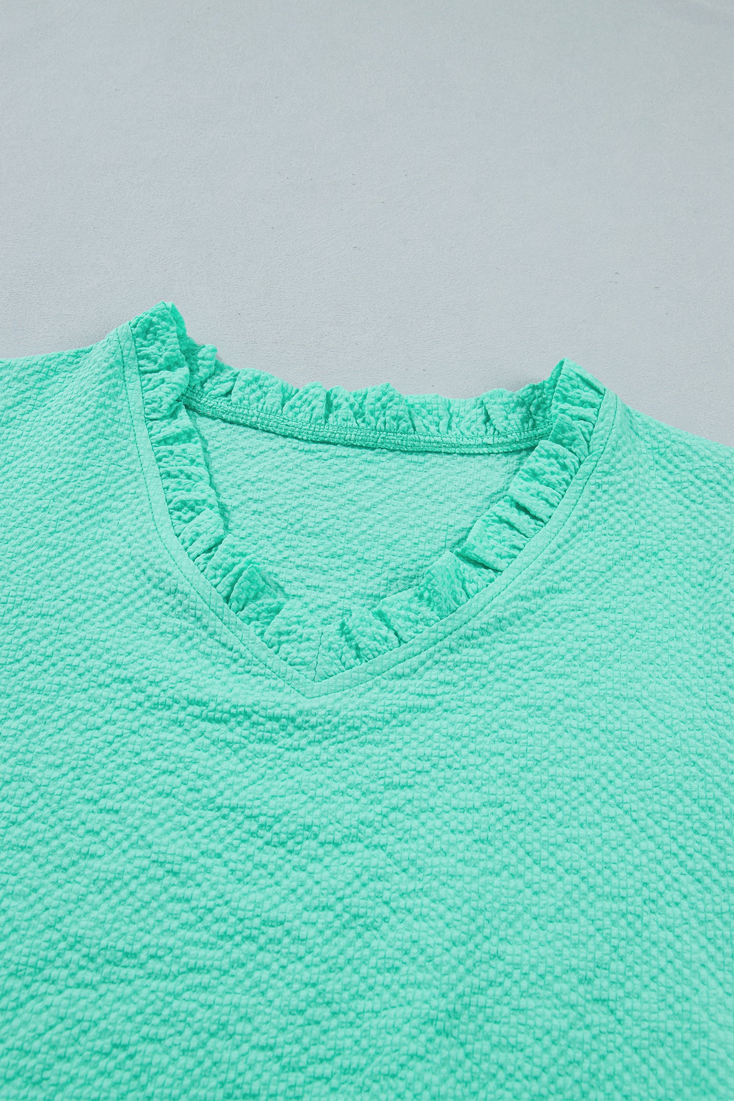 Mint Green Frilled V Neck Flower Embroidered Puff Sleeve Textured Blouse-Tops/Blouses & Shirts-[Adult]-[Female]-2022 Online Blue Zone Planet