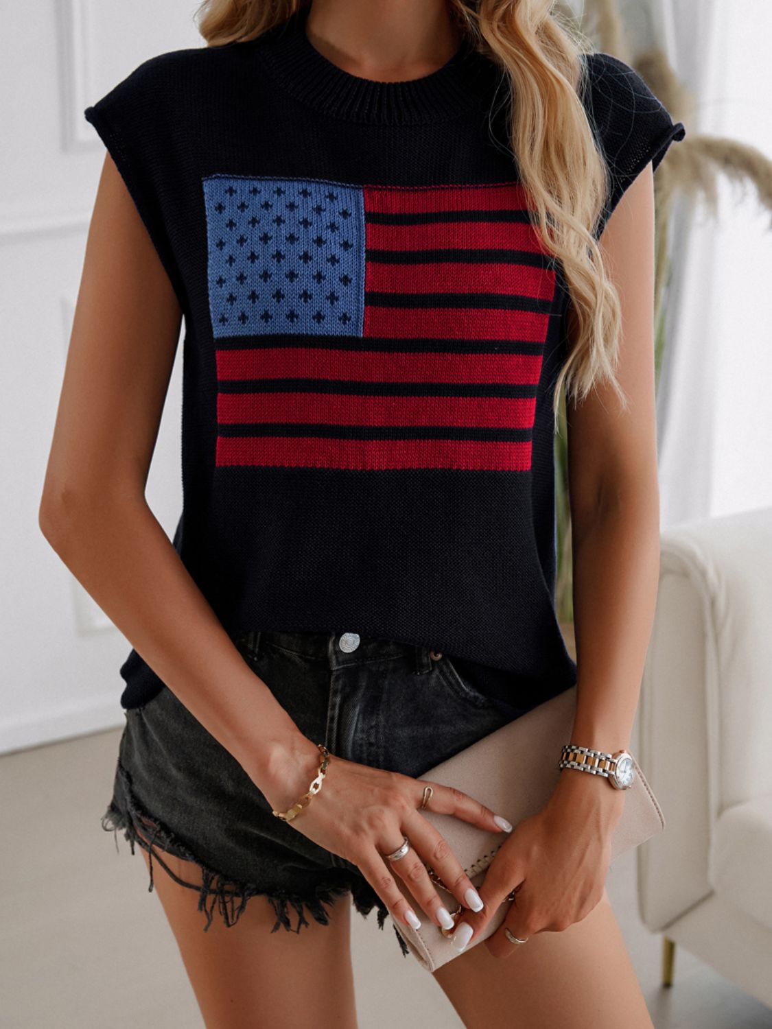 Blue Zone Planet | Devine US Flag Round Neck Sweater Vest-TOPS / DRESSES-[Adult]-[Female]-2022 Online Blue Zone Planet