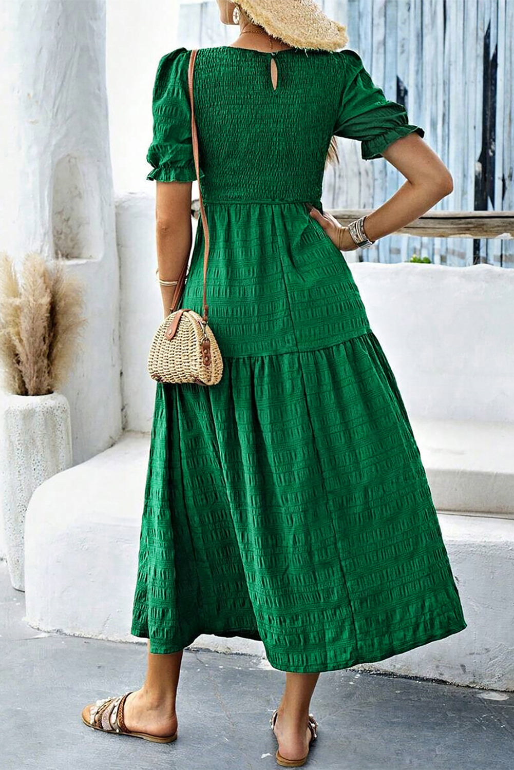Dark Green Solid Textured Smocked Puff Short Sleeve High Waist Long Dress-TOPS / DRESSES-[Adult]-[Female]-2022 Online Blue Zone Planet