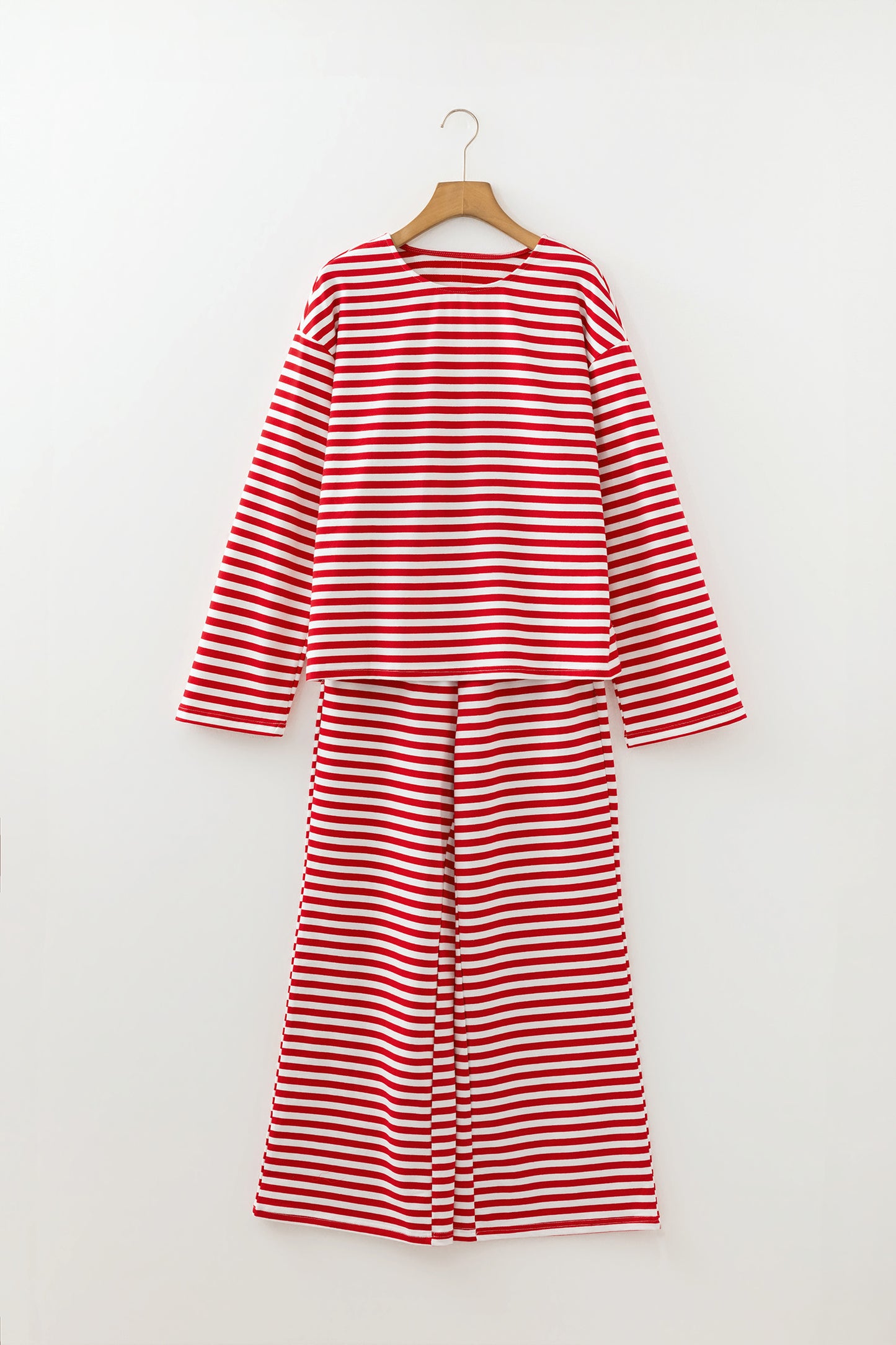 Red Stripe Drop Shoulder Long Sleeve Top Lounge Pants 2pcs Set-Loungewear & Sleepwear/Loungewear-[Adult]-[Female]-2022 Online Blue Zone Planet