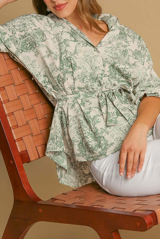 Green Landscape Print Tied 3/4 Sleeve Shirt with Sash-Tops/Blouses & Shirts-[Adult]-[Female]-Green-S-2022 Online Blue Zone Planet