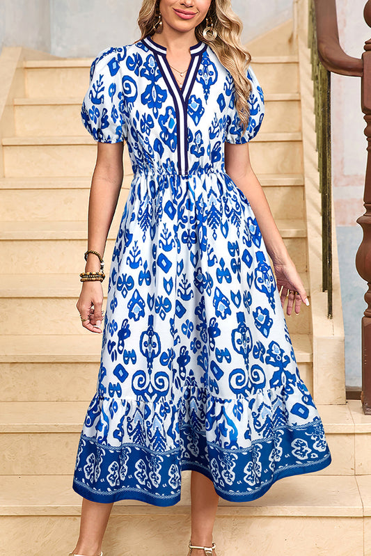 Blue Floral Puff Short Sleeve V Neck High Waist Maxi Dress-TOPS / DRESSES-[Adult]-[Female]-2022 Online Blue Zone Planet